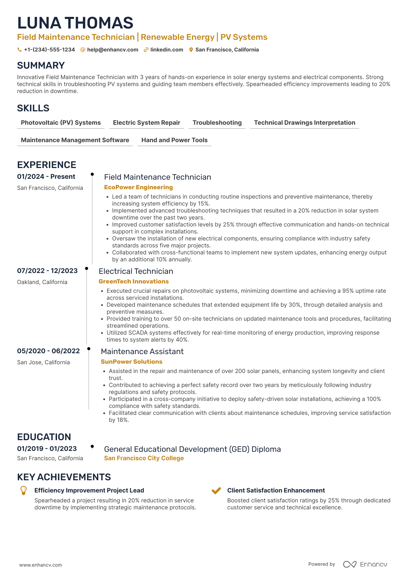 A resume example of a Field Maintenance Technician