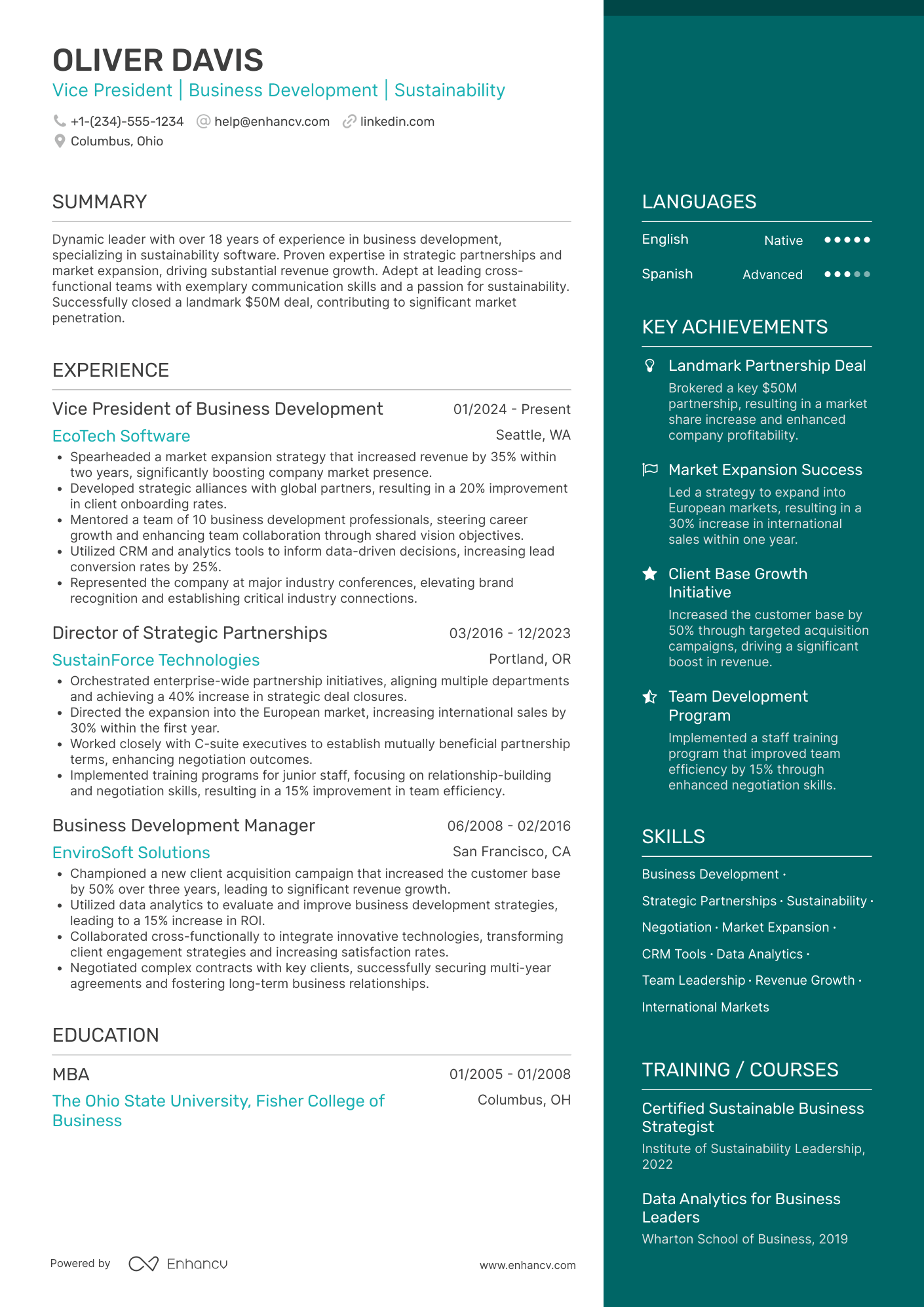A resume example of a Vice President of Business Development