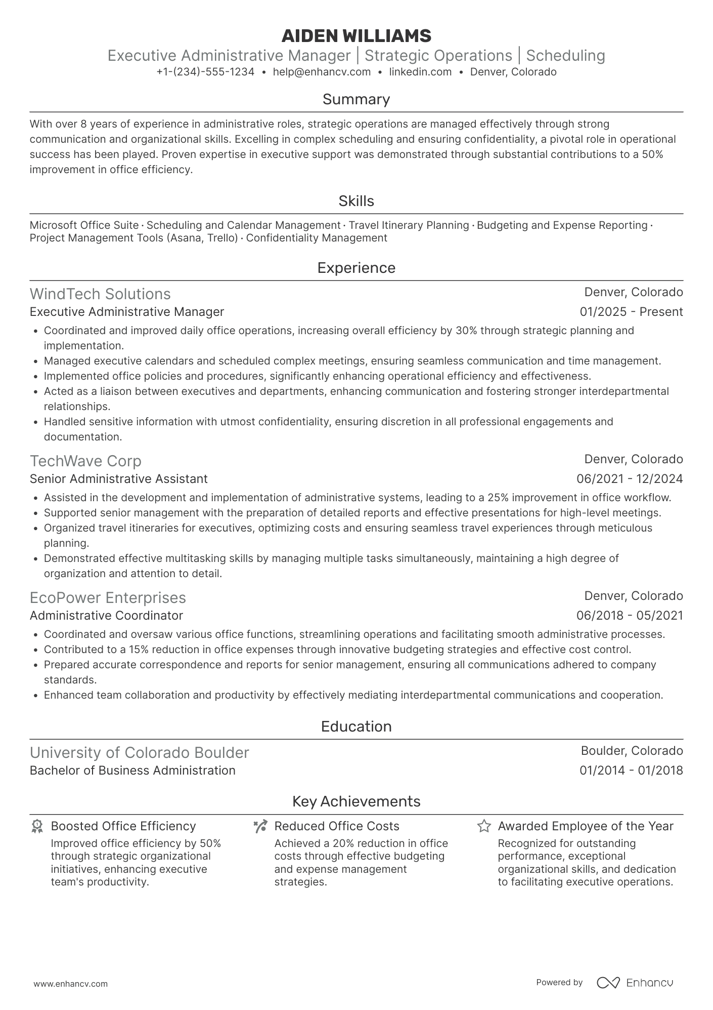 A resume example of a Executive Administrative Manager