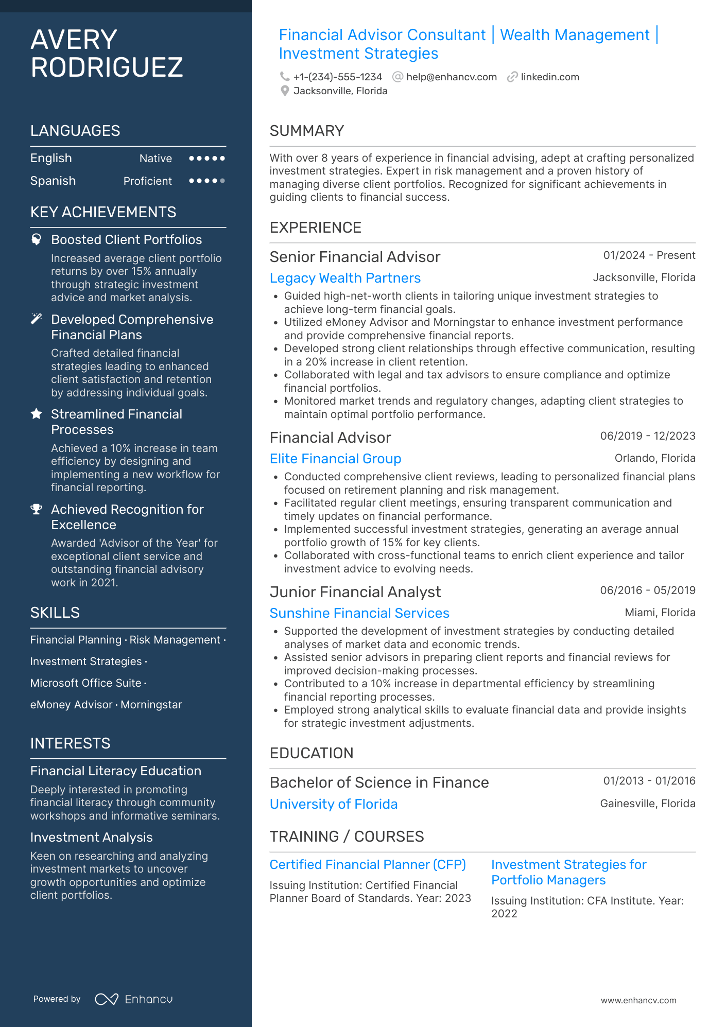 A resume example of a Financial Advisor Consultant