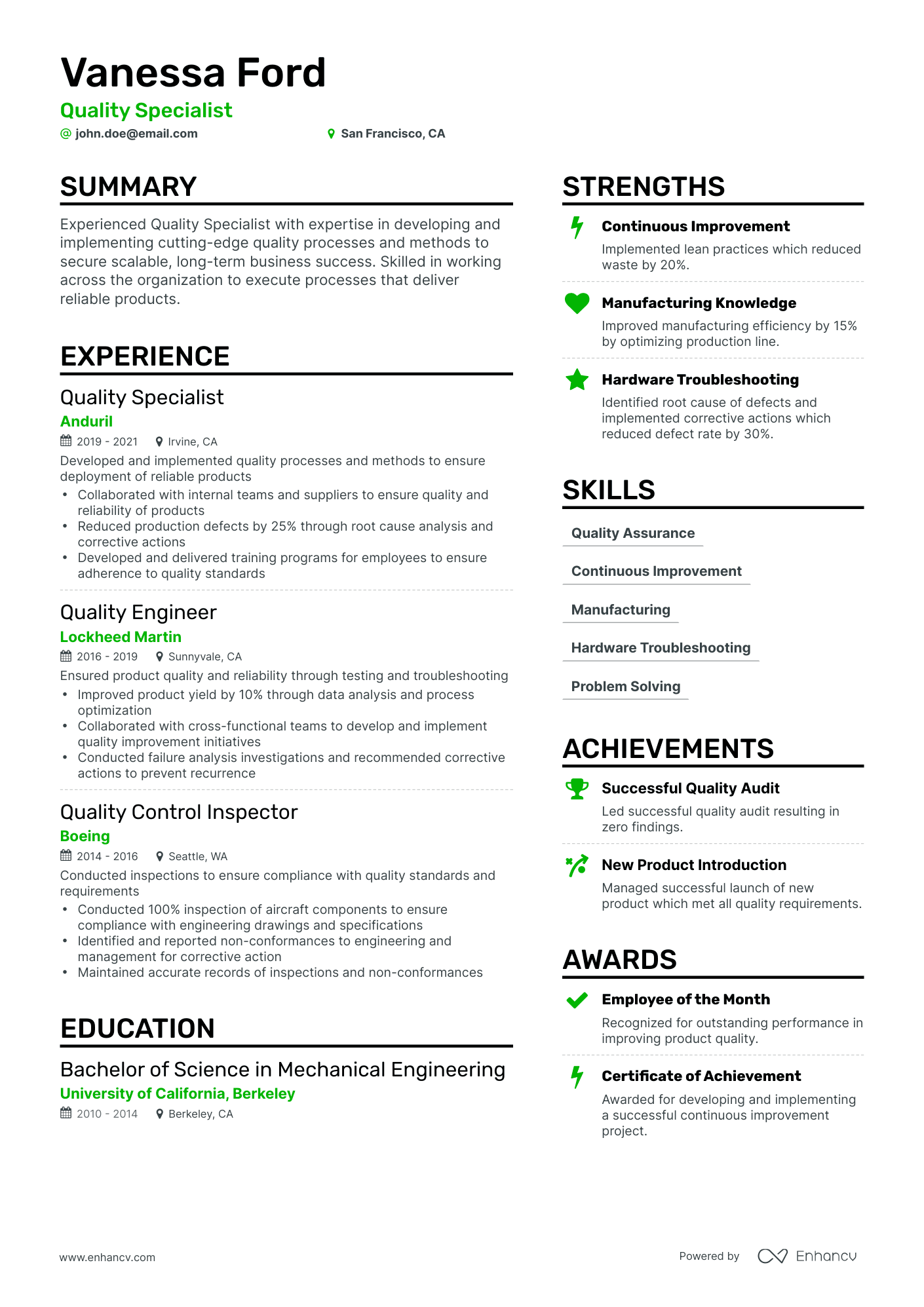 Simple Quality Specialist Resume Template