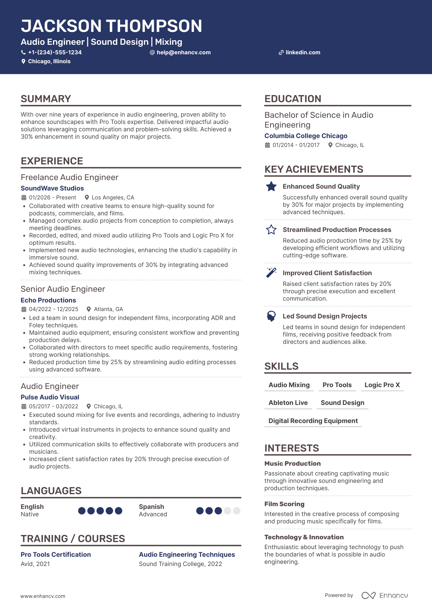 A resume example of a Freelance Audio Engineer