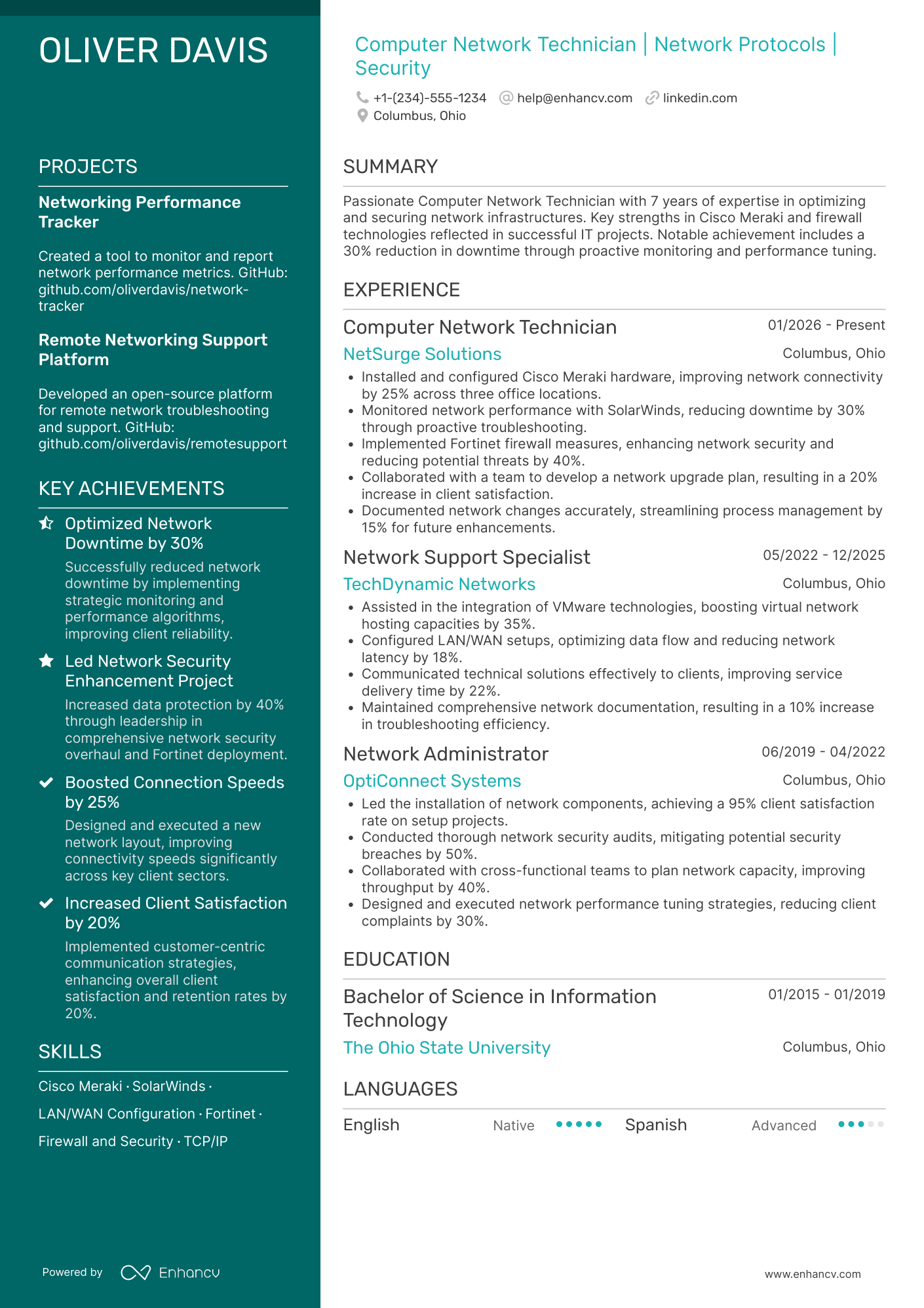 A resume example of a Computer Network Technician