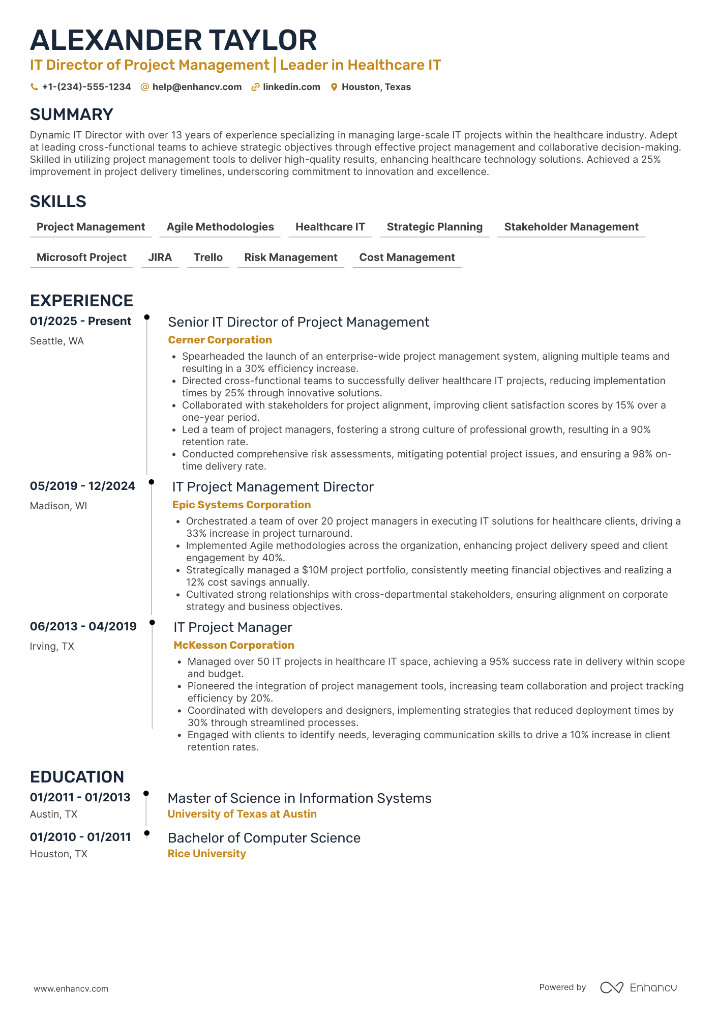 A resume example of a IT Director of IT Project Management