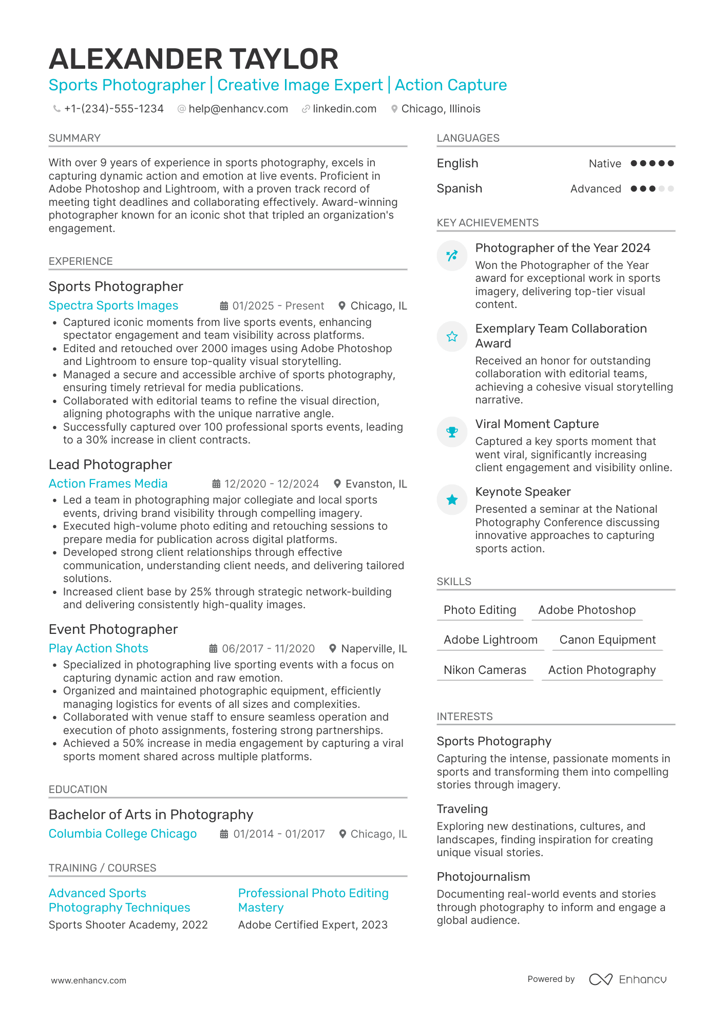 A resume example of a Sports Photographer