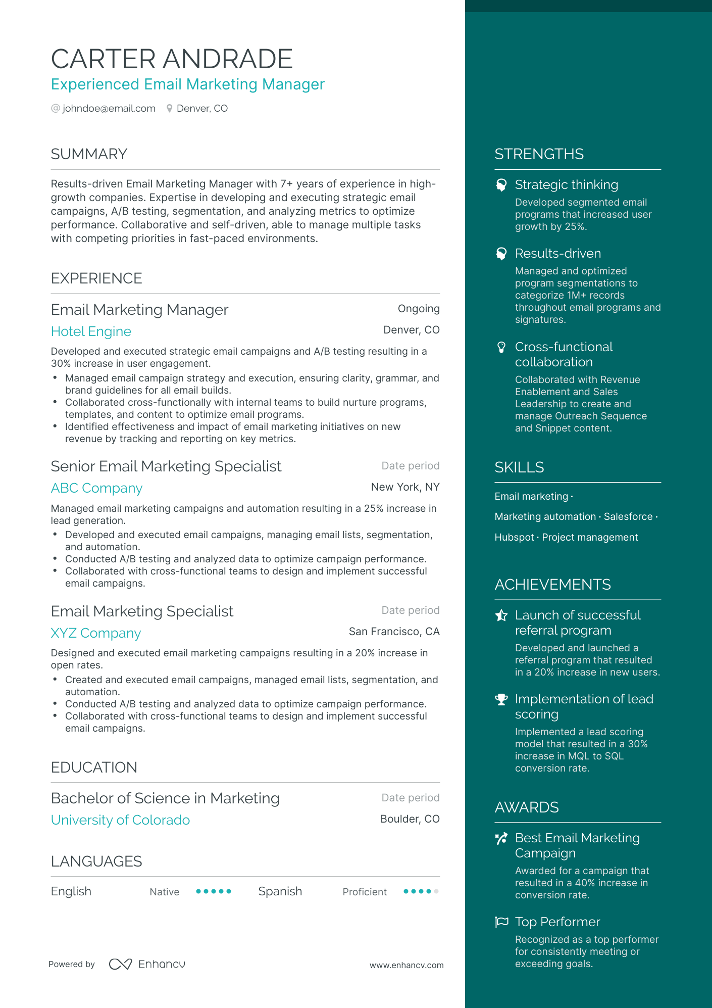 One Page Email Marketing Manager Resume Template