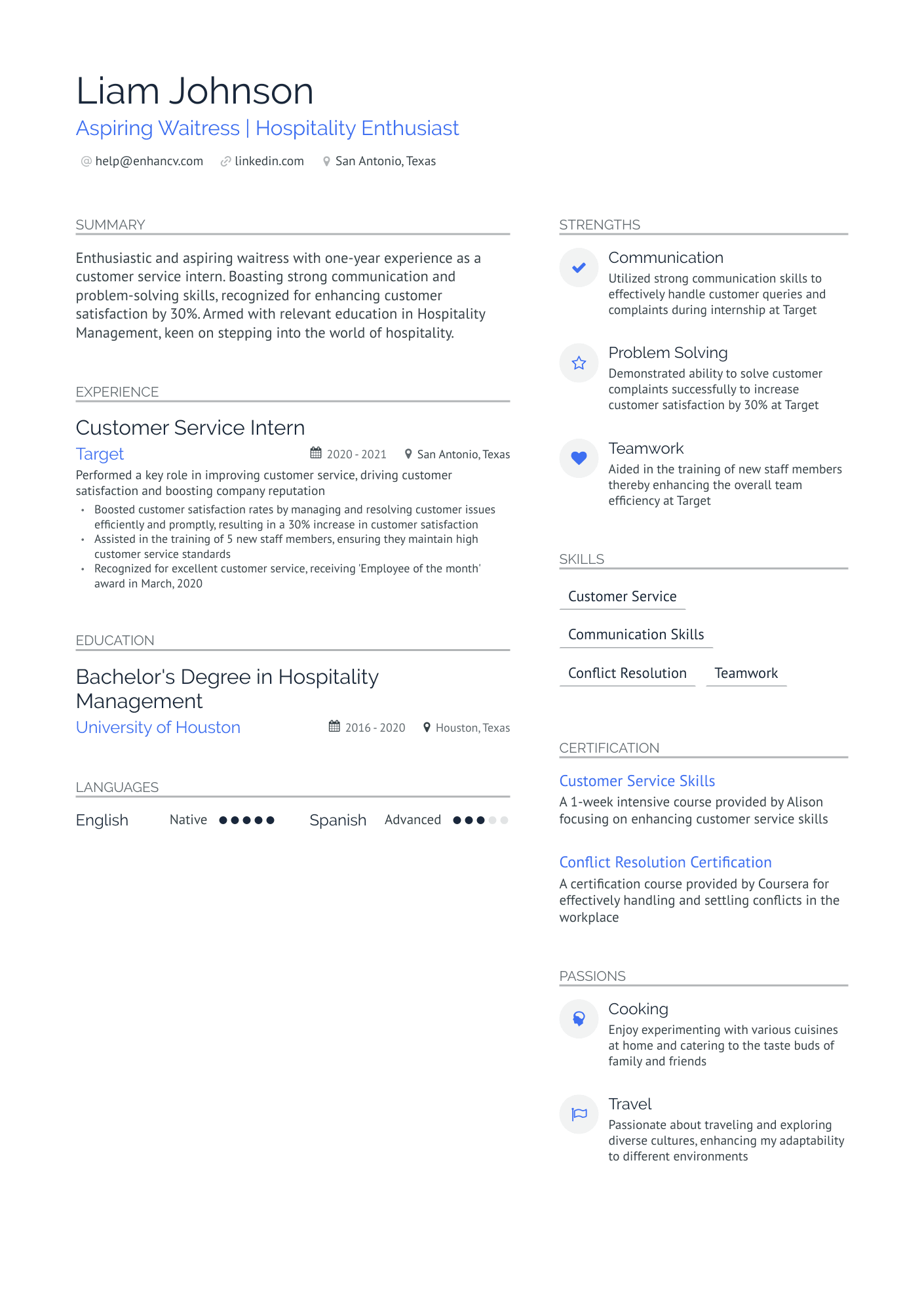 sample resume for waitress with experience