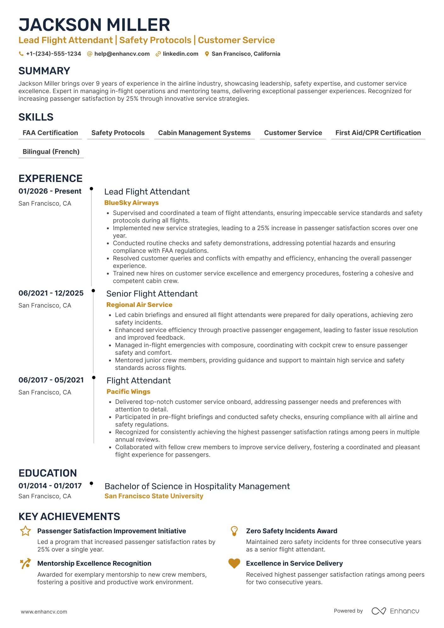 A resume example of a Lead Flight Attendant