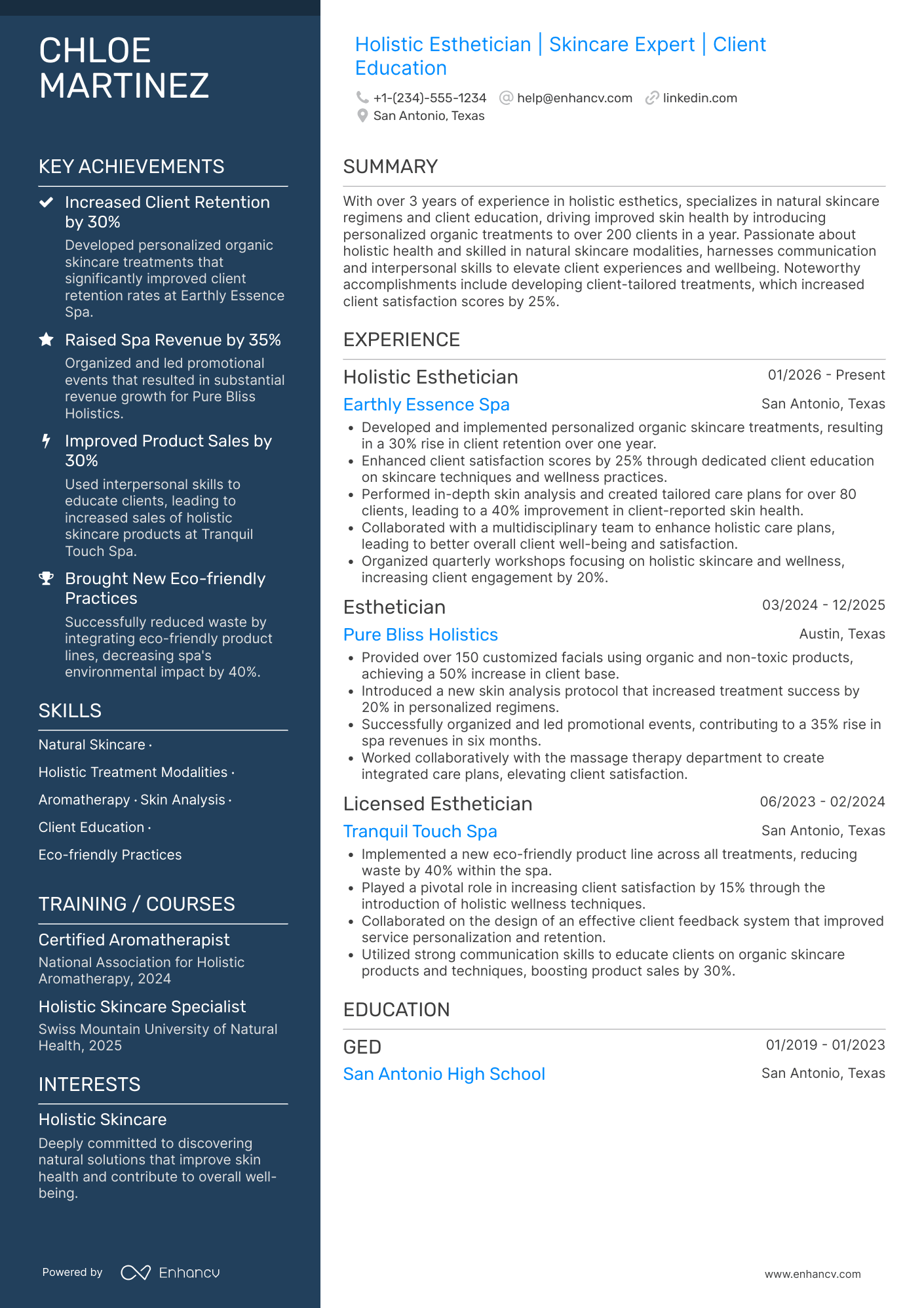A resume example of a Holistic Esthetician
