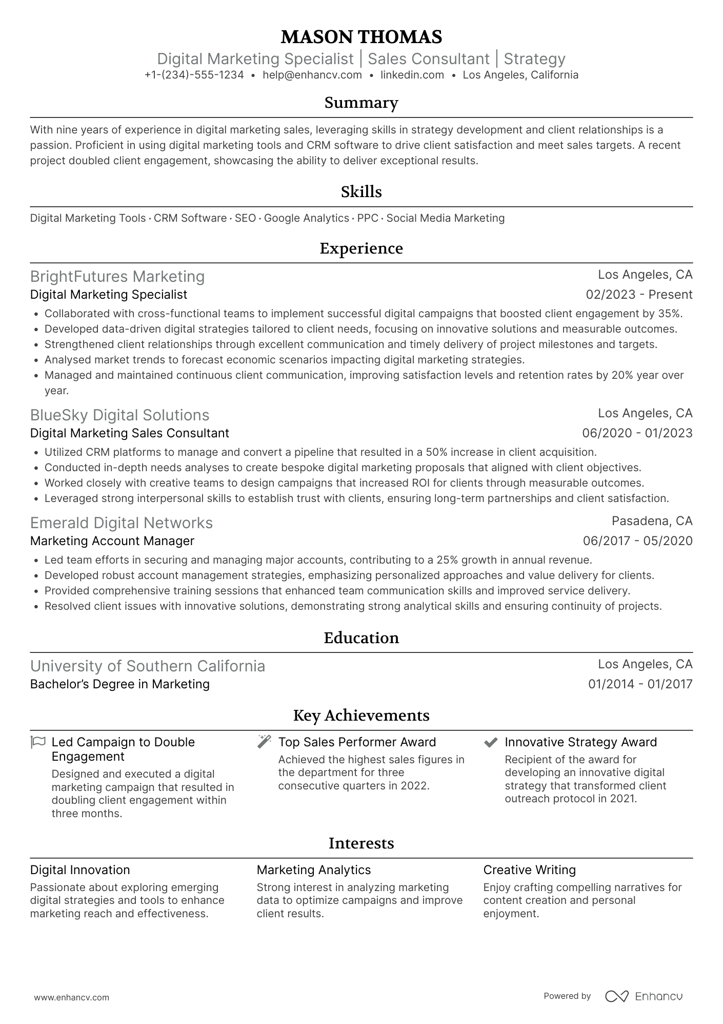 A resume example of a Digital Marketing Sales Consultant