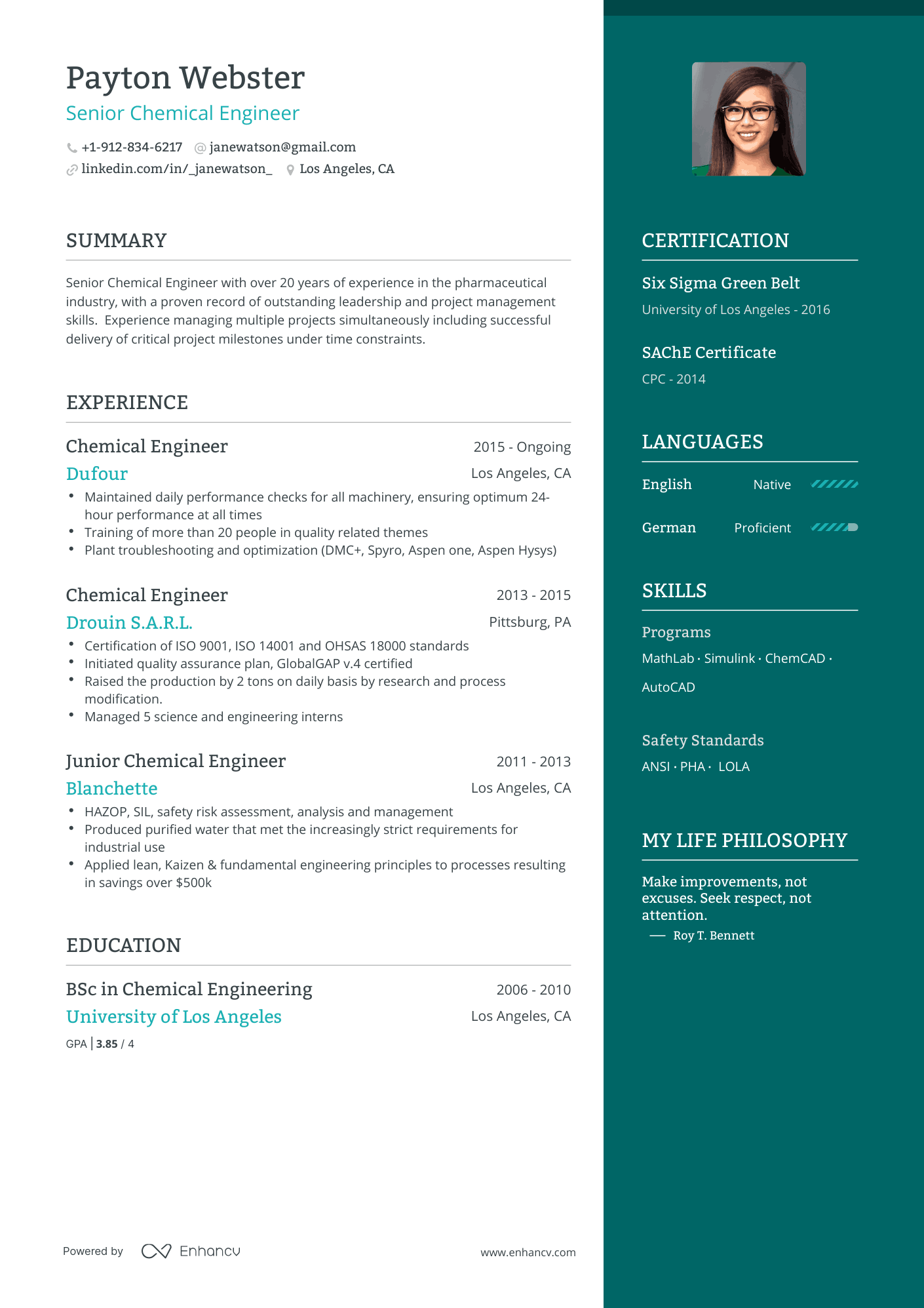 One Page Chemical Engineer Resume Template