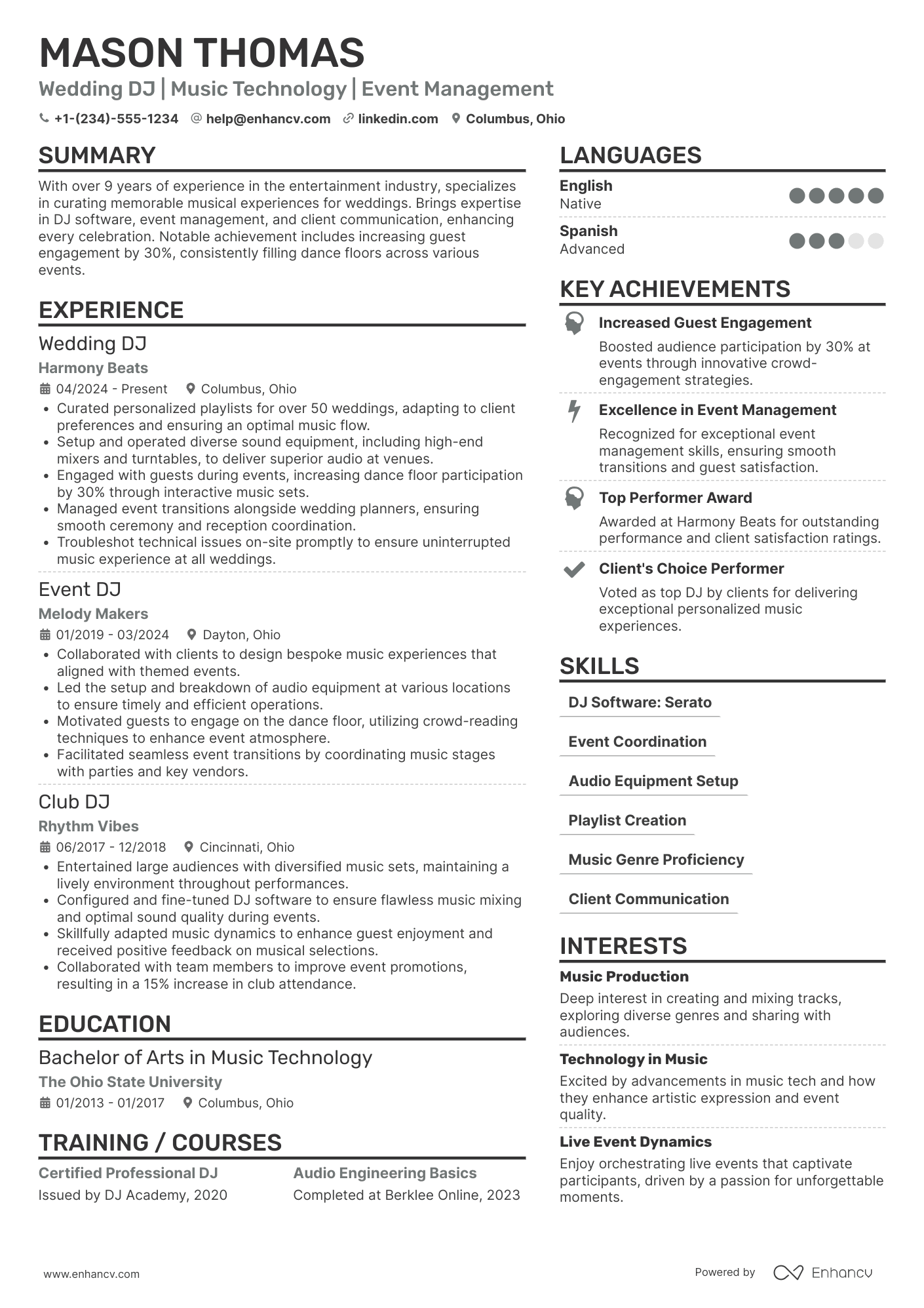 A resume example of a Wedding DJ