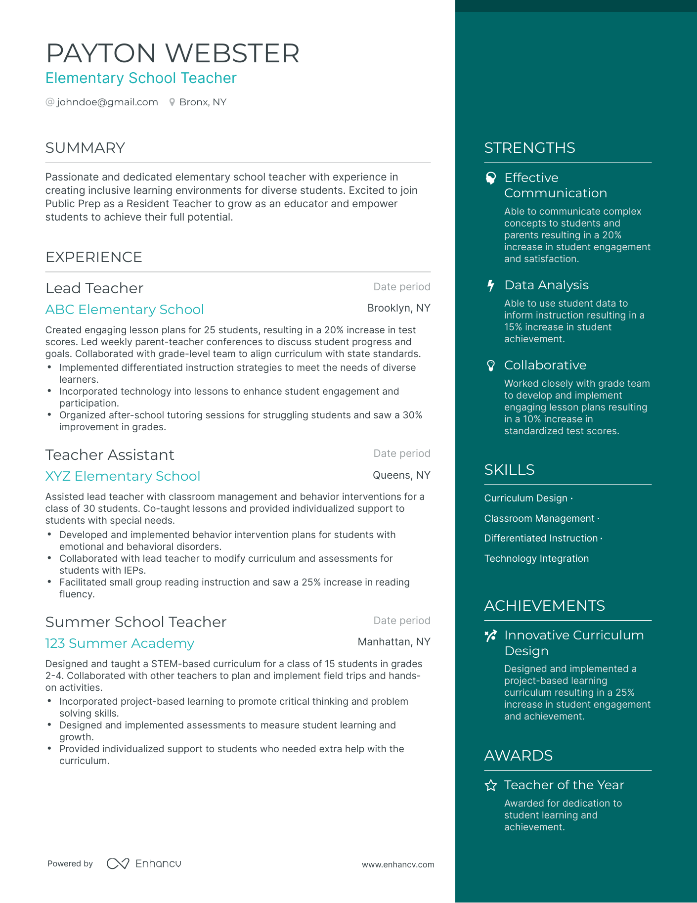 One Page Elementary School Teacher Resume Template