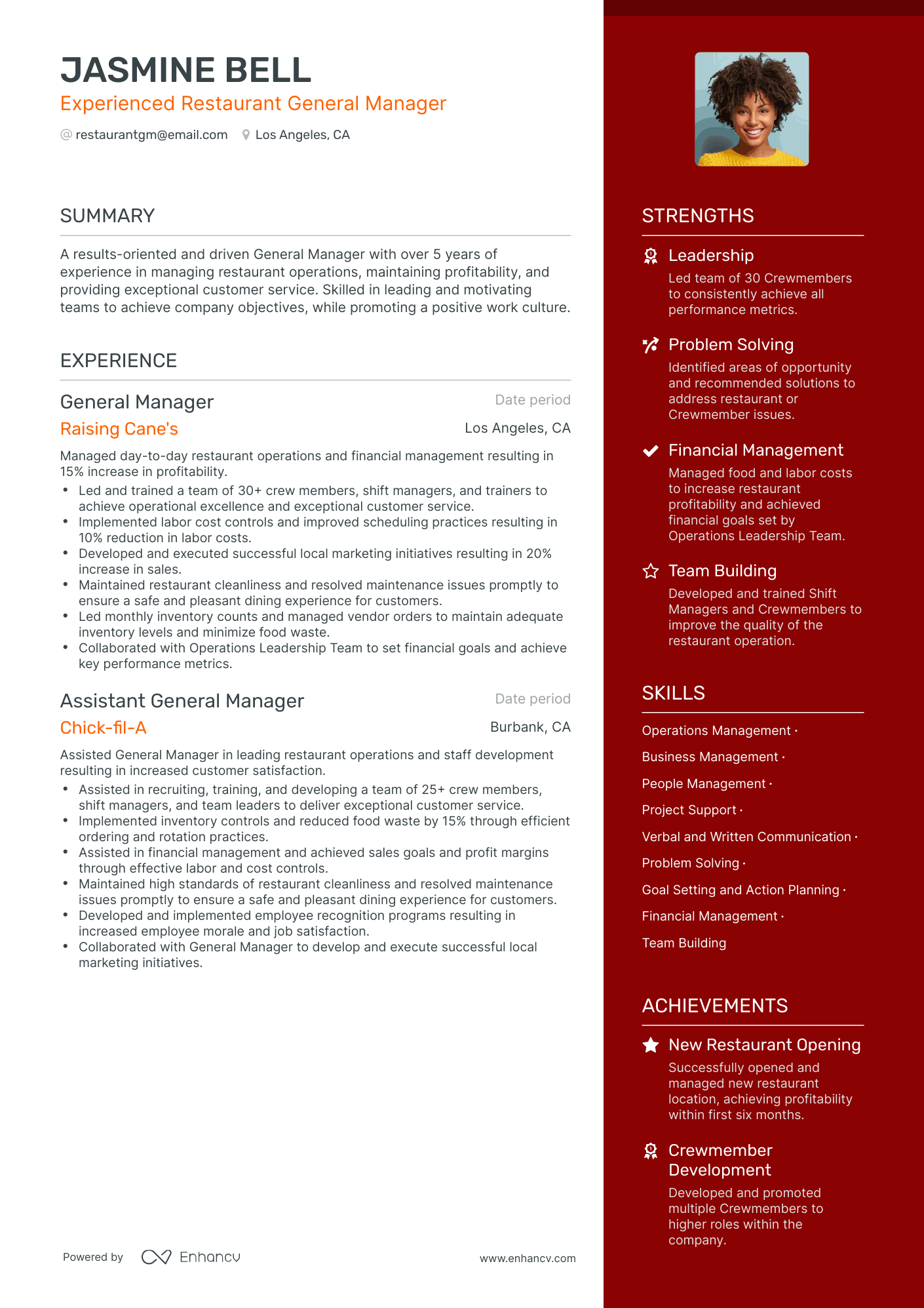 One Page Restaurant General Manager Resume Template