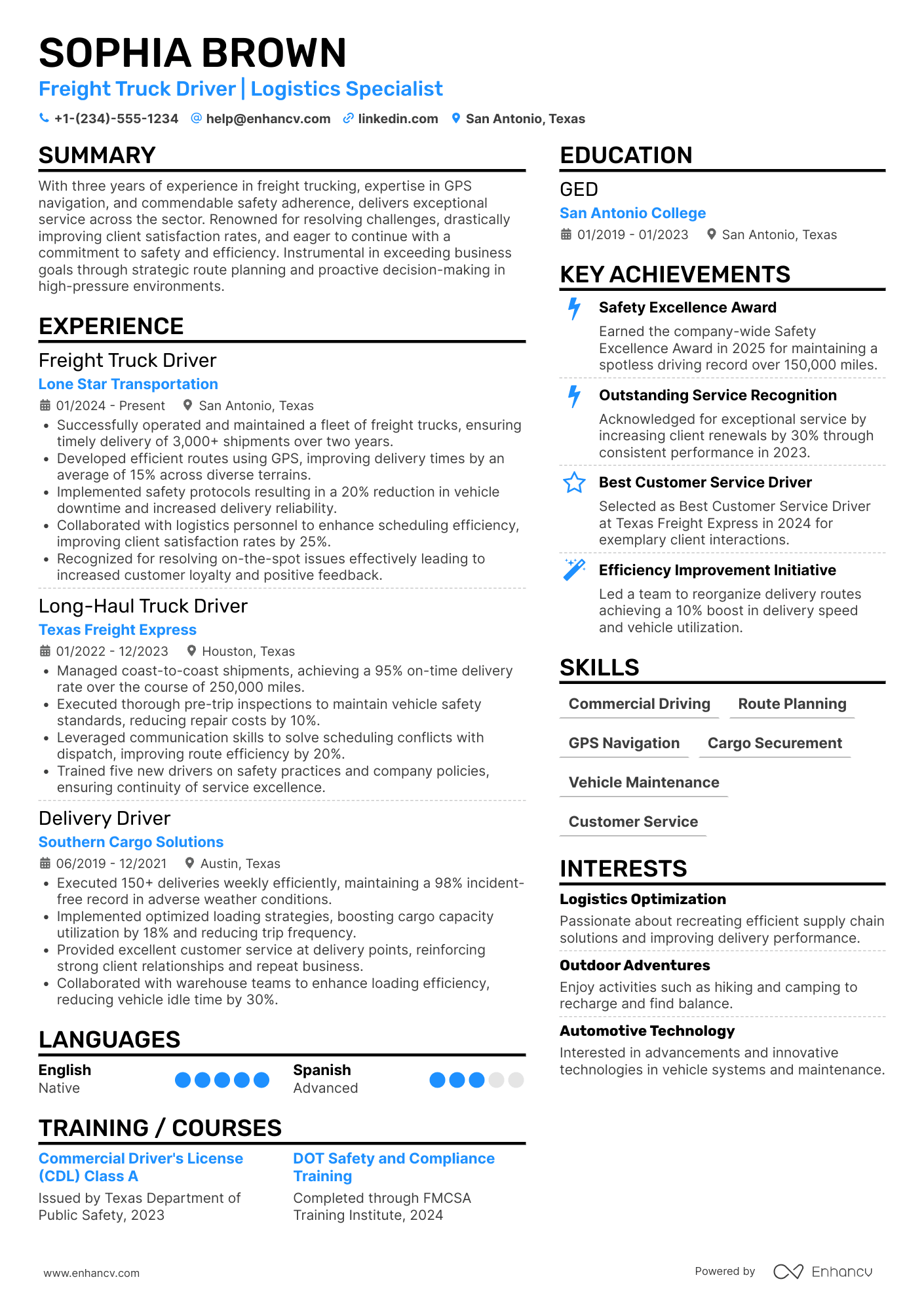 A resume example of a Freight Truck Driver