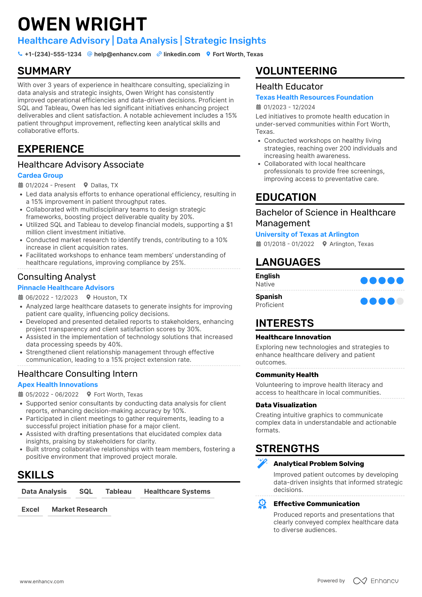 A resume example of a PwC Healthcare Advisory Associate