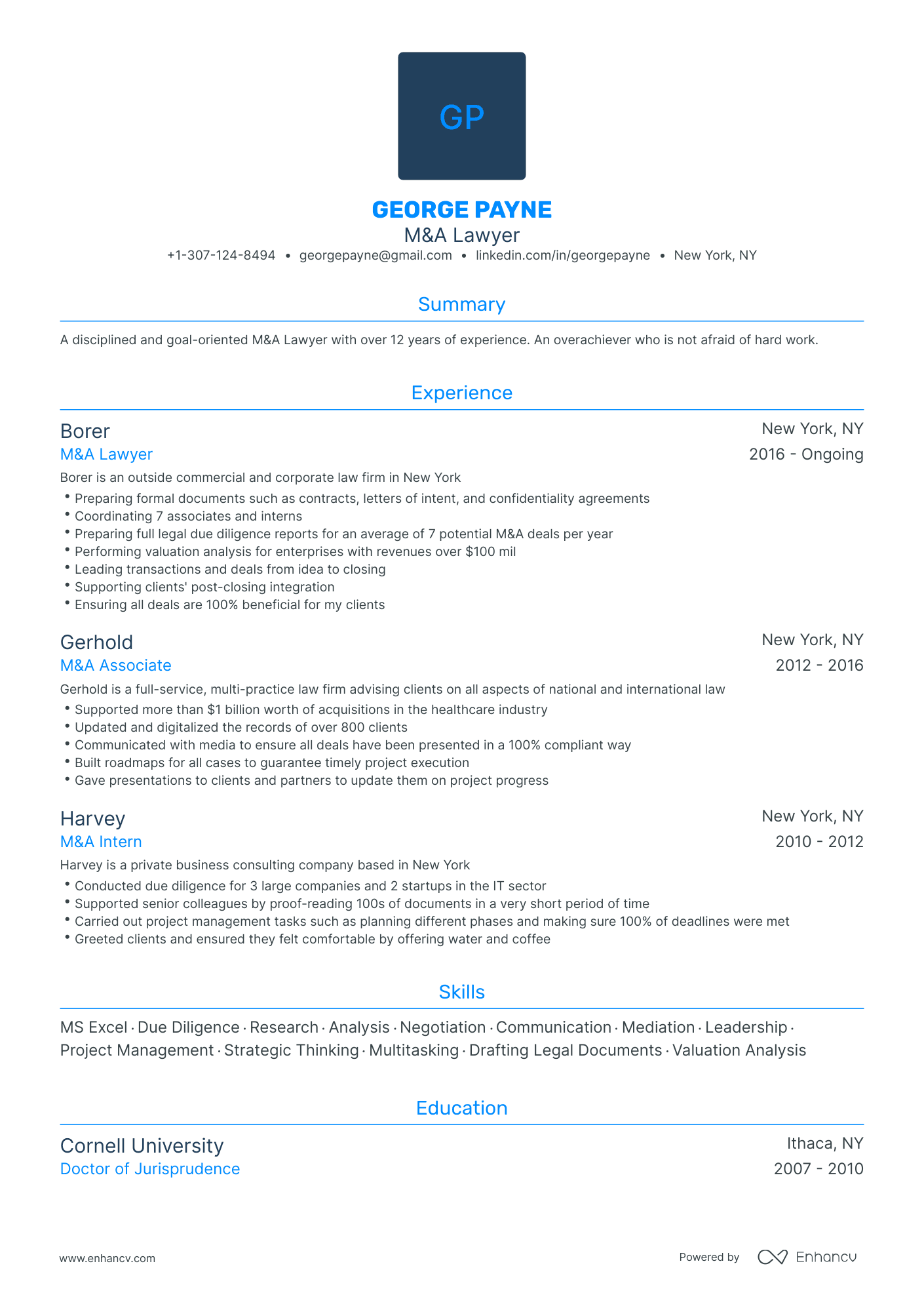 Traditional M&A Lawyer Resume Template