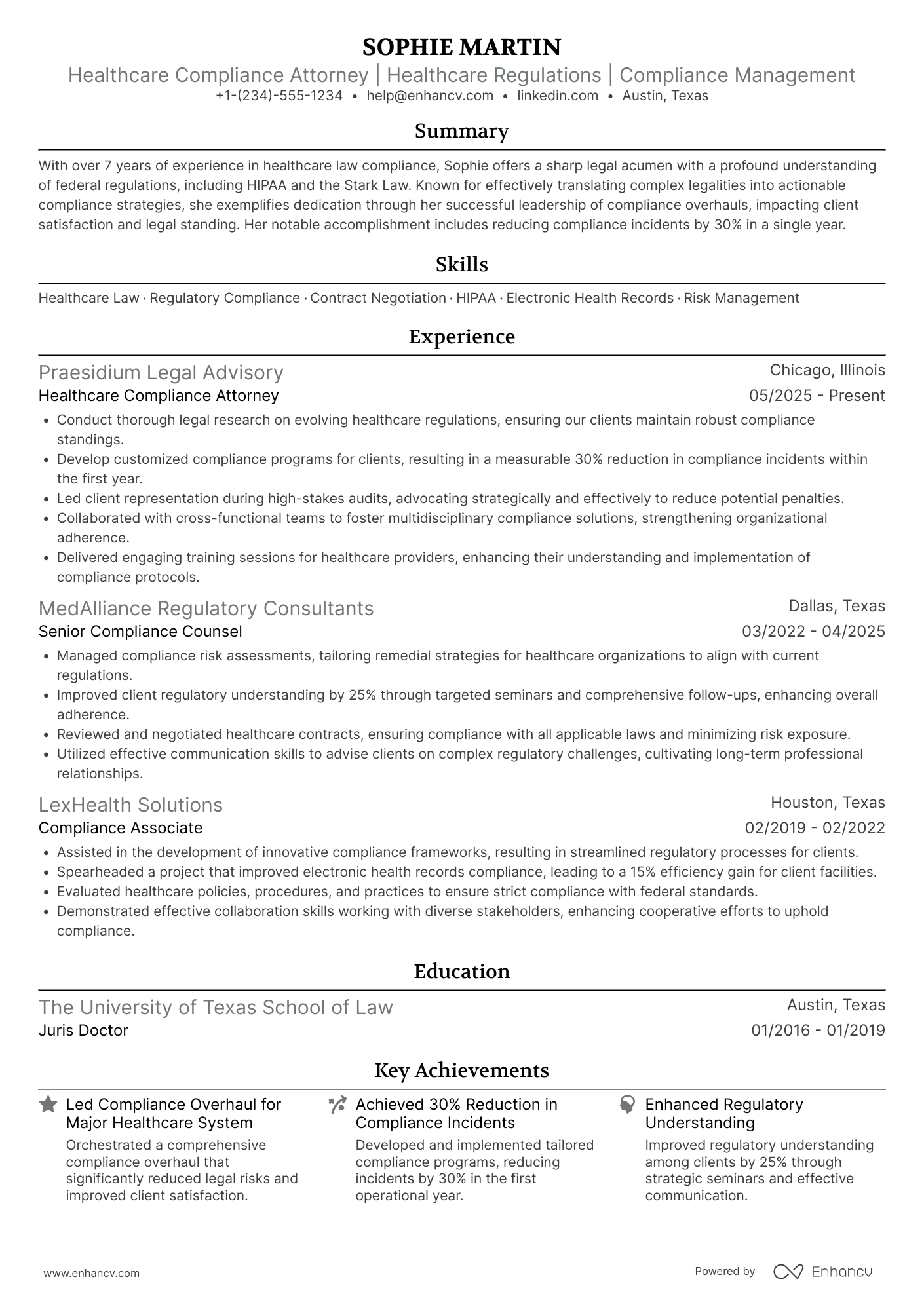 A resume example of a Healthcare Compliance Attorney