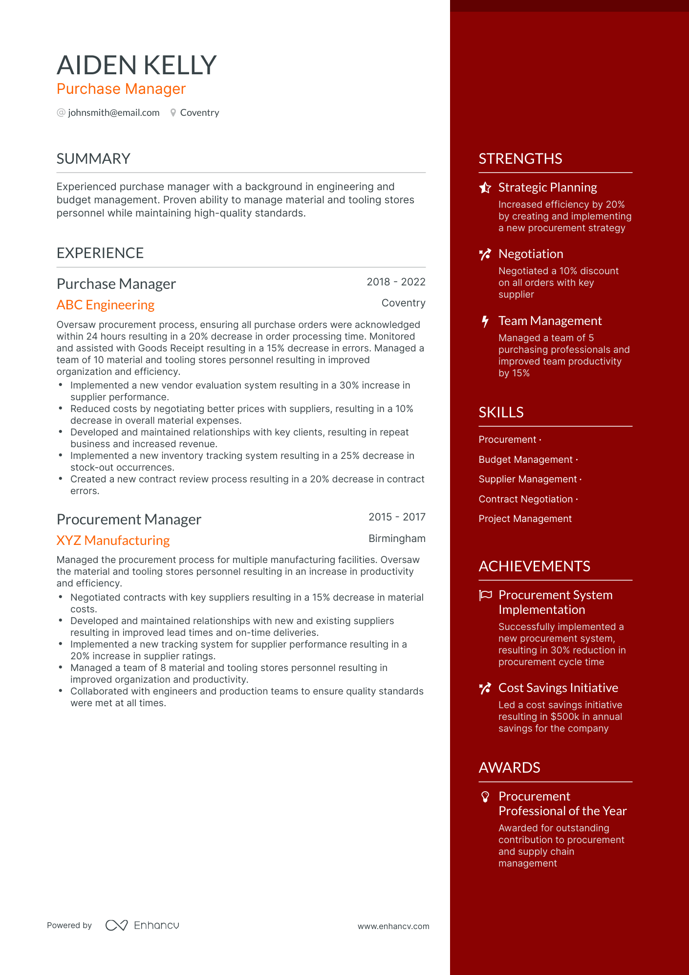 One Page Purchase Manager Resume Template