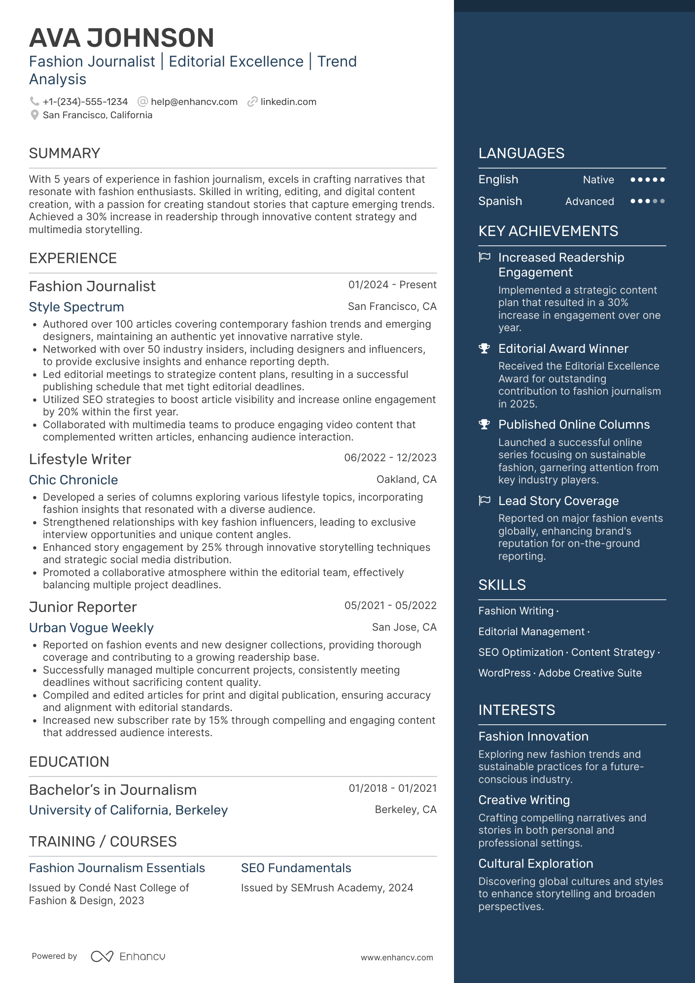 A resume example of a Fashion Journalist