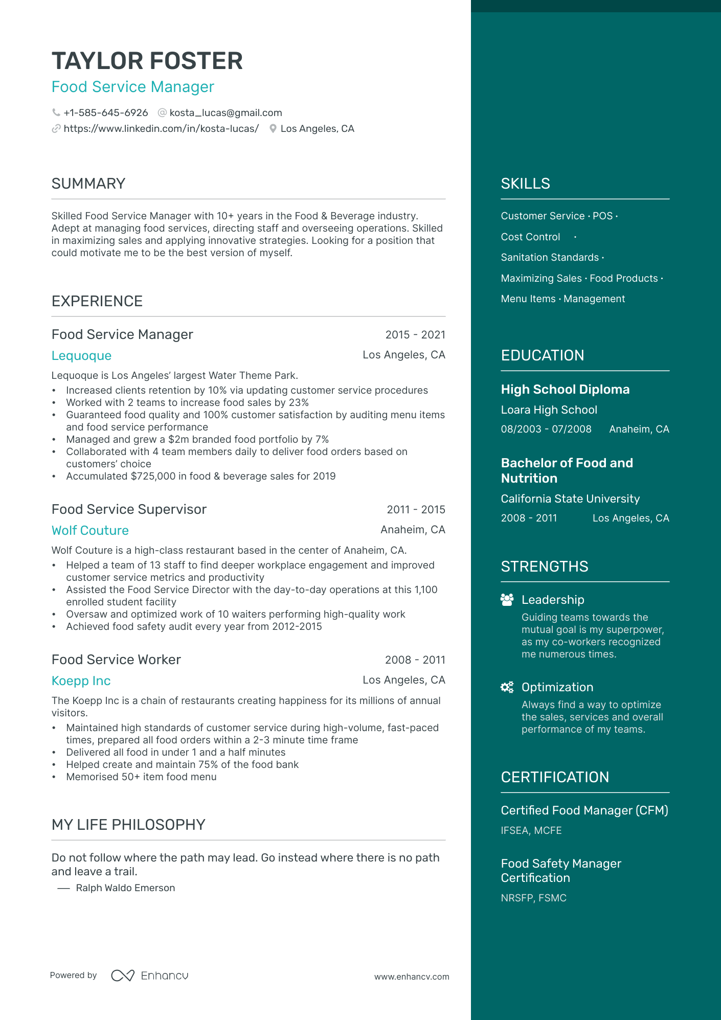 job description for resume restaurant manager