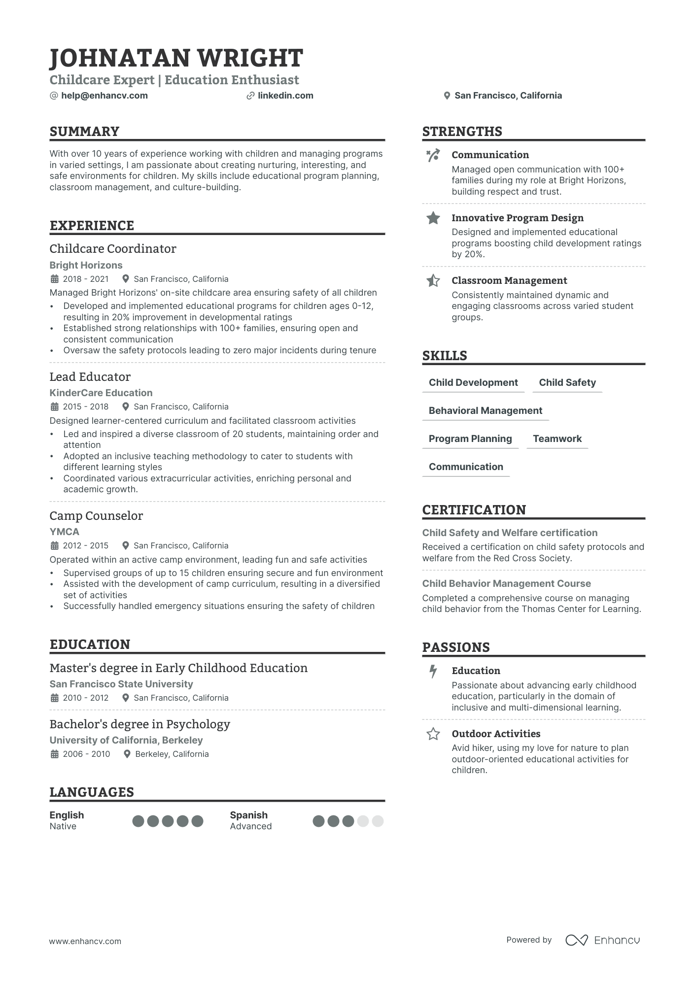 A resume example of a Child Care Provider