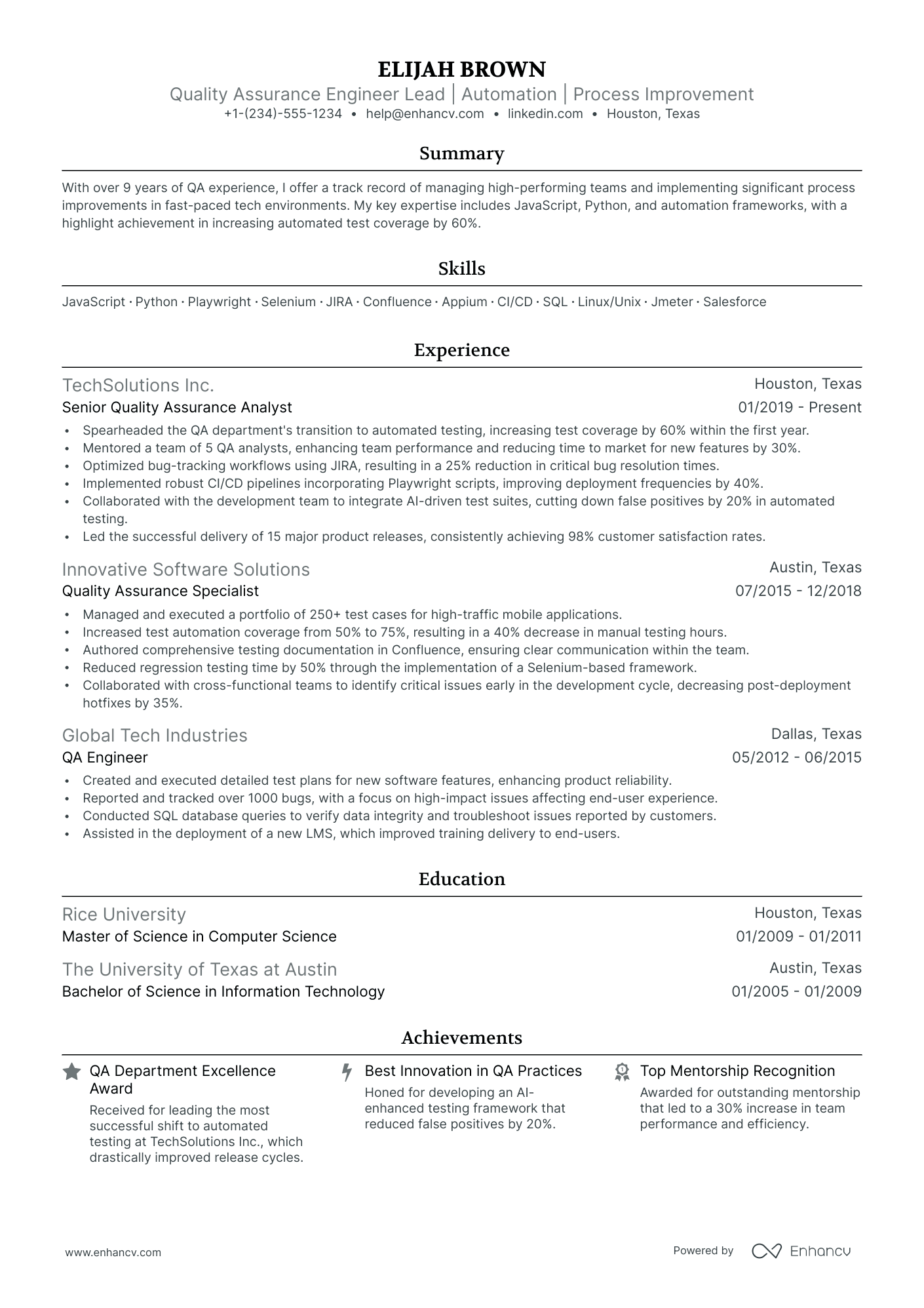 qa manager resume examples