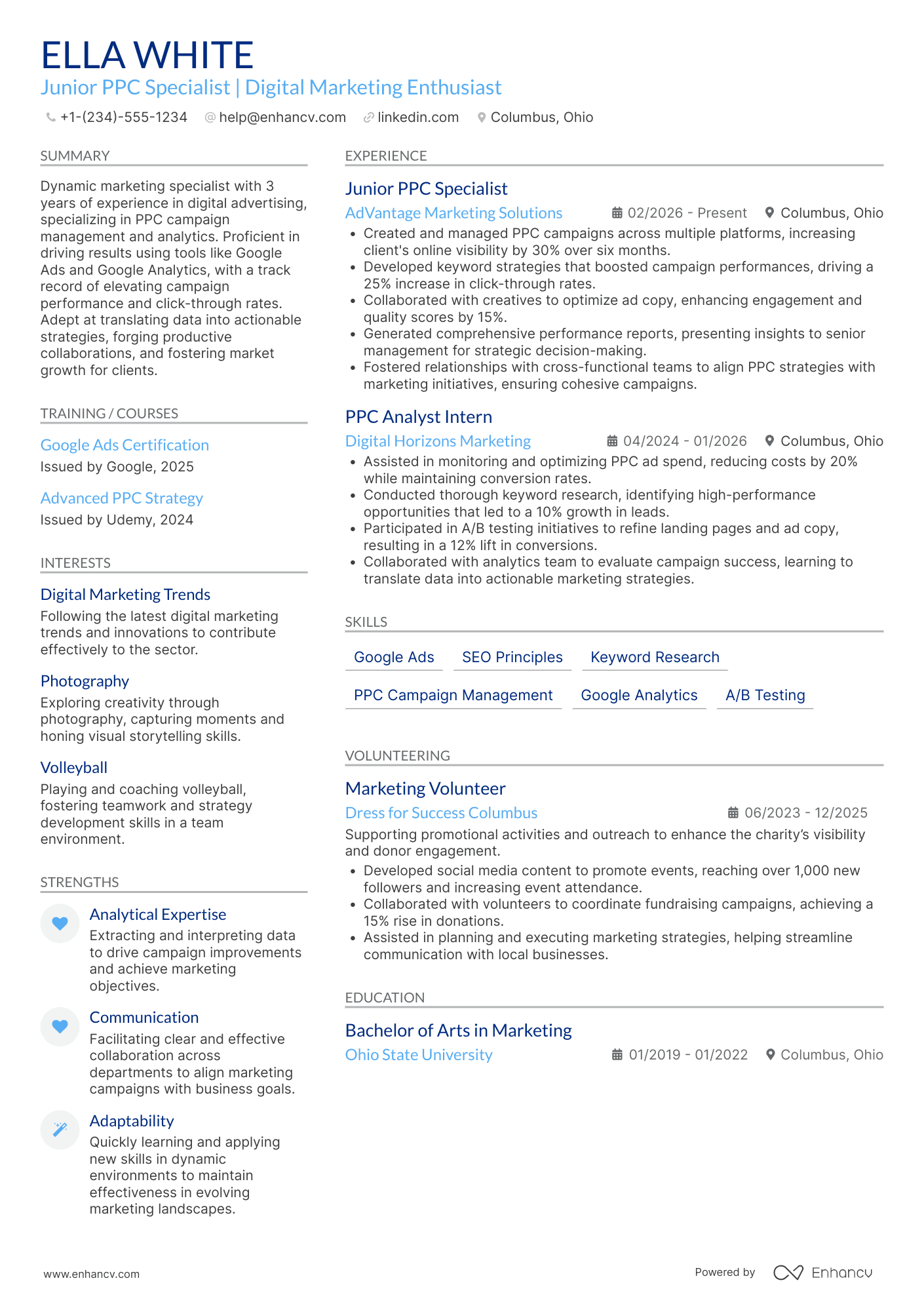 A resume example of a Junior PPC Specialist