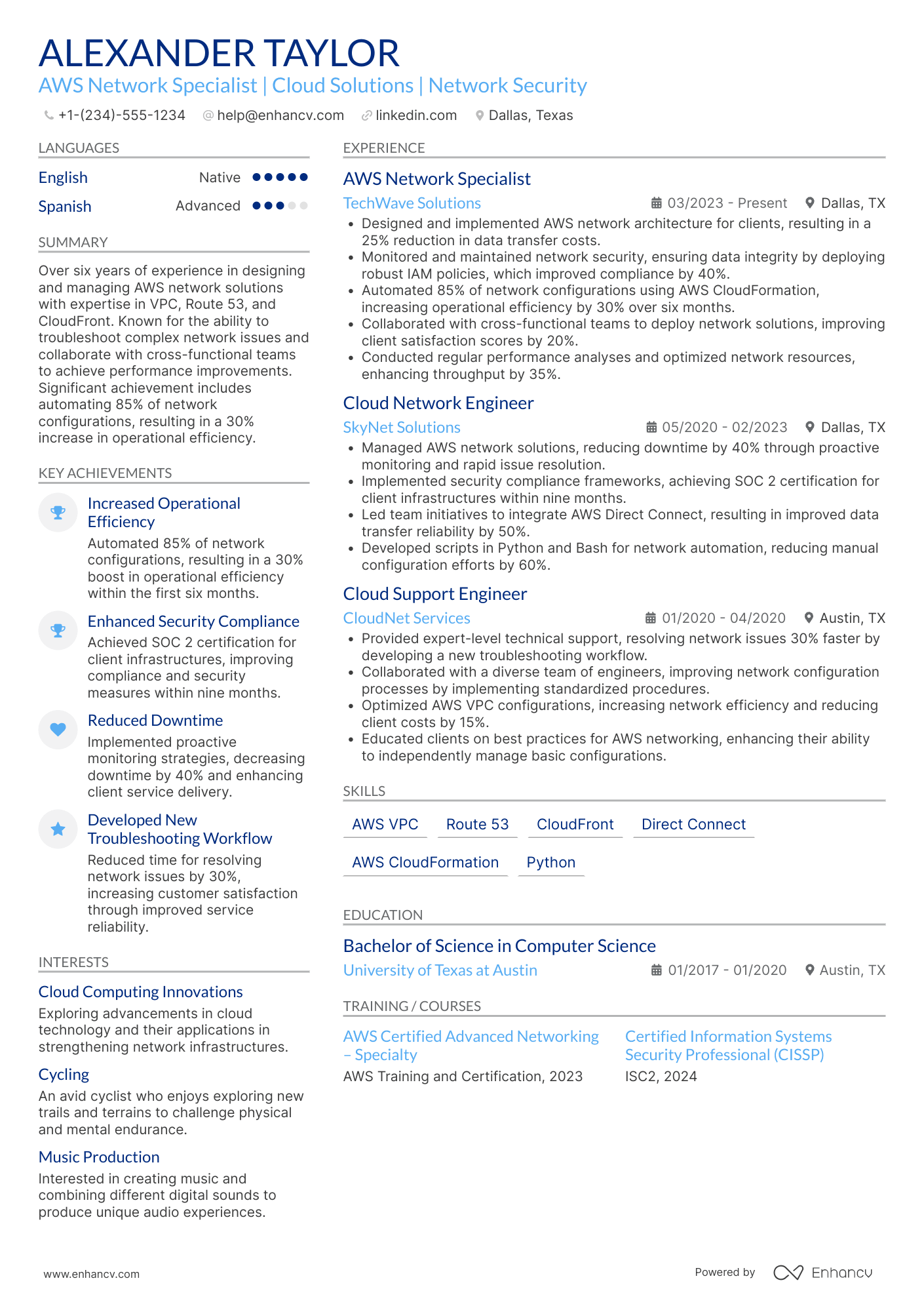 A resume example of a AWS Network Specialist