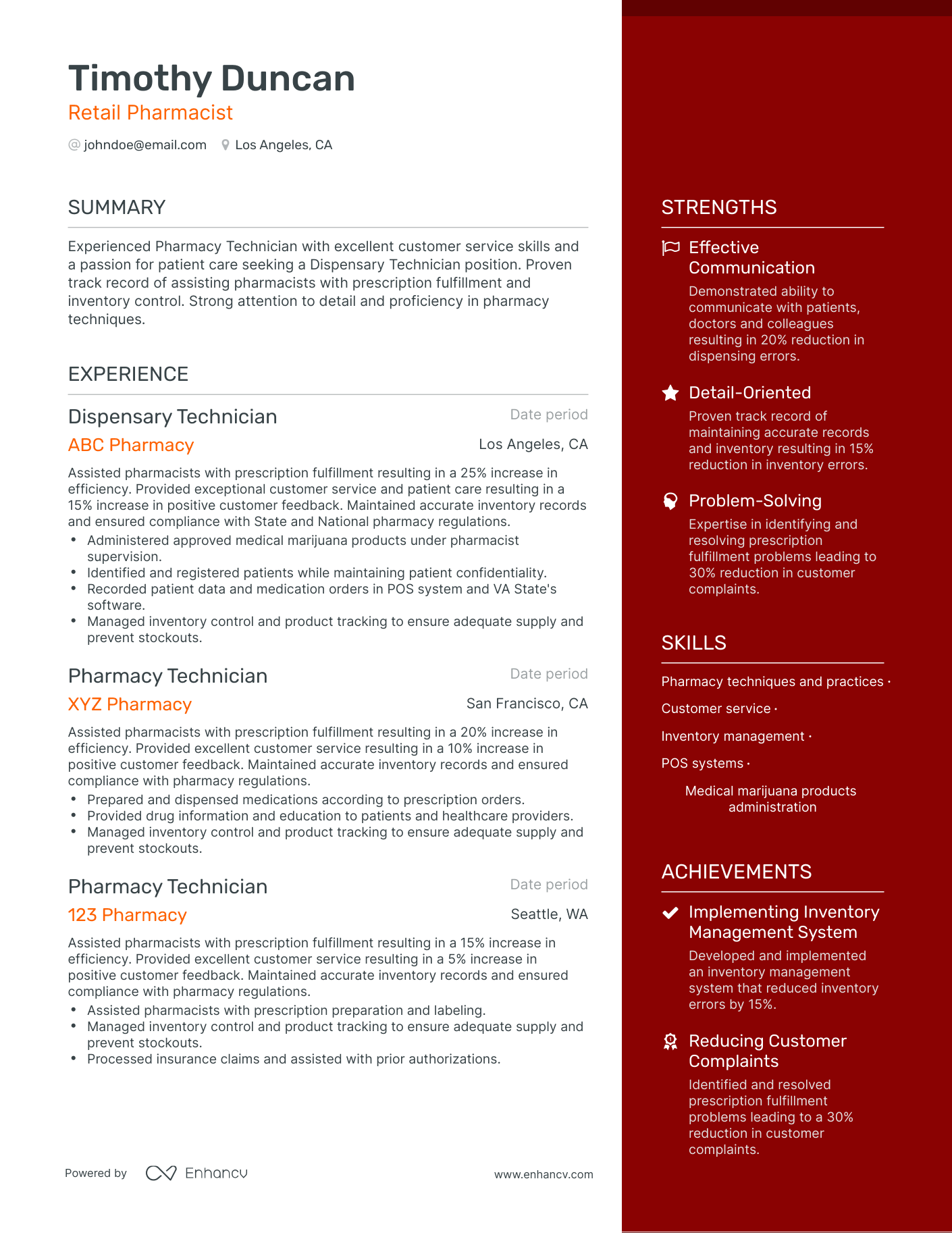 One Page Retail Pharmacist Resume Template