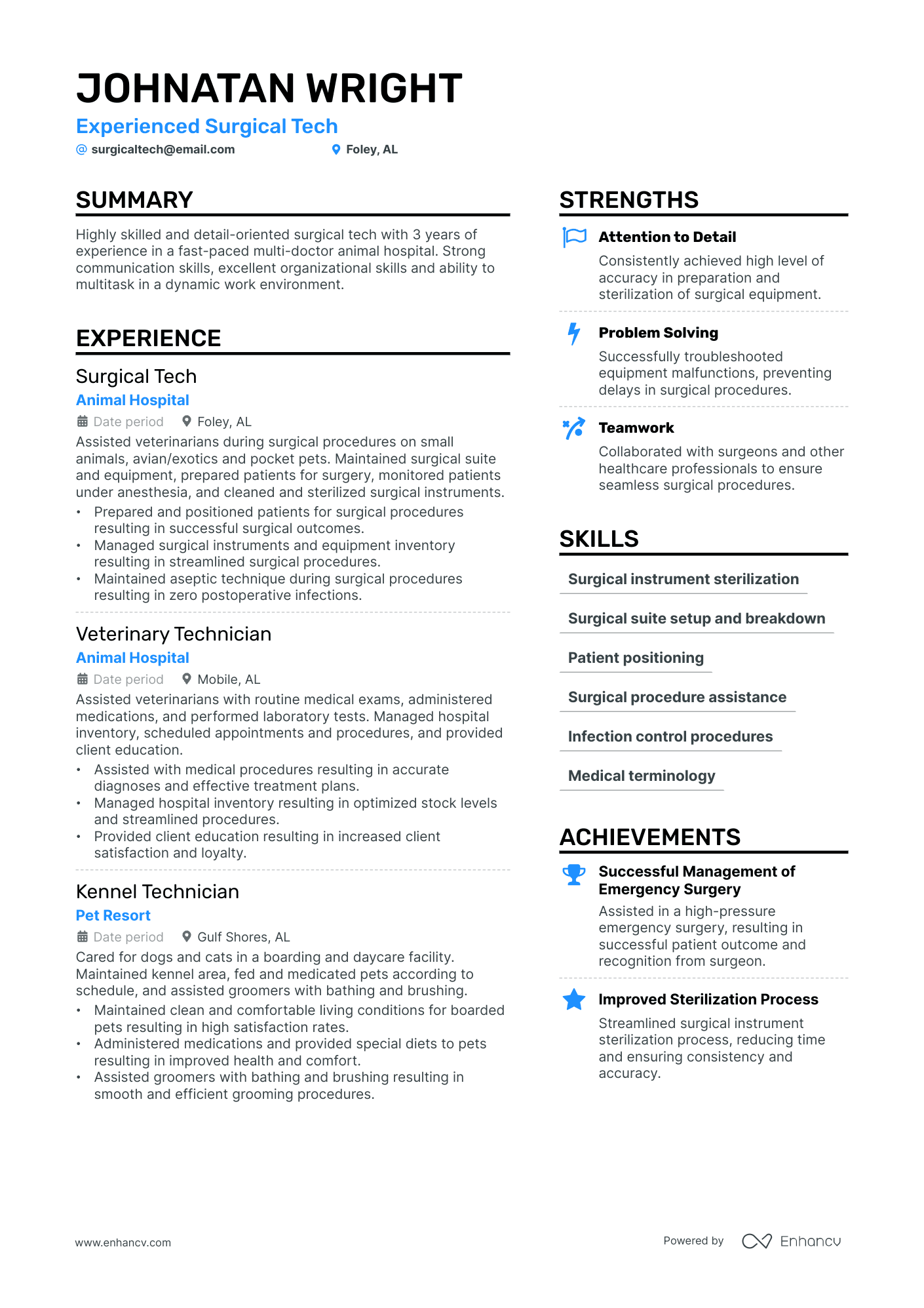 A resume example of a Surgical Tech