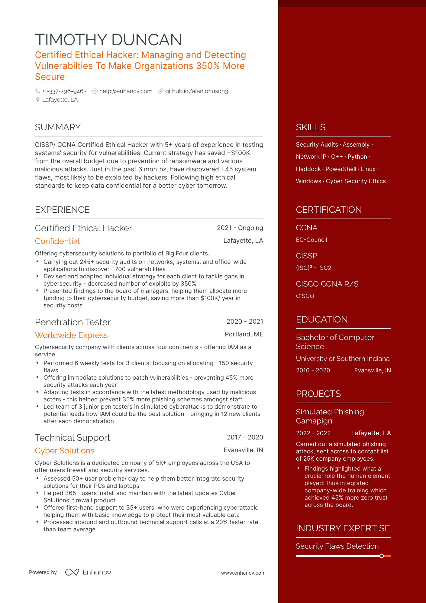 One Page Ethical Hacker Resume Template