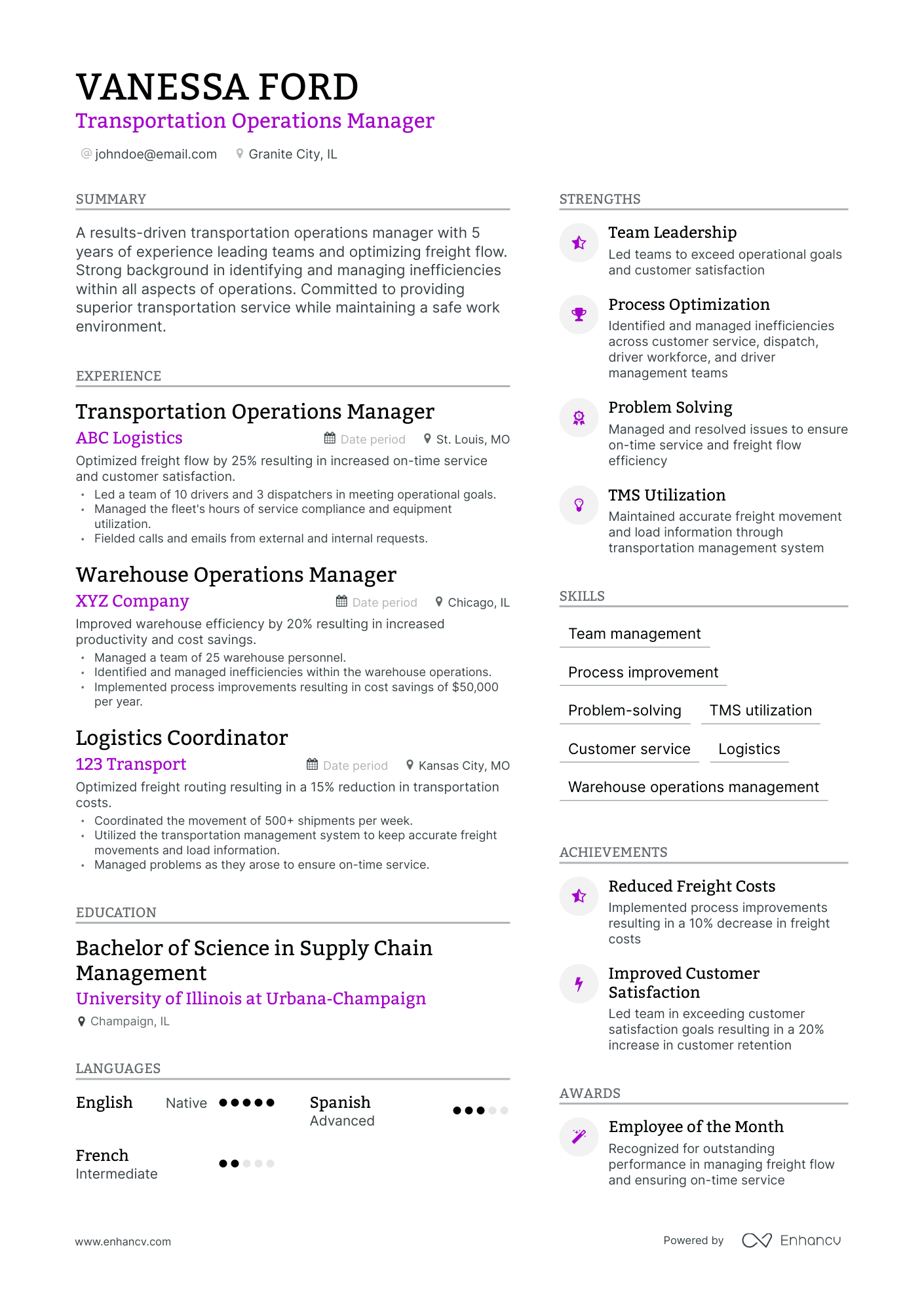 Modern Transportation Operations Manager Resume Template