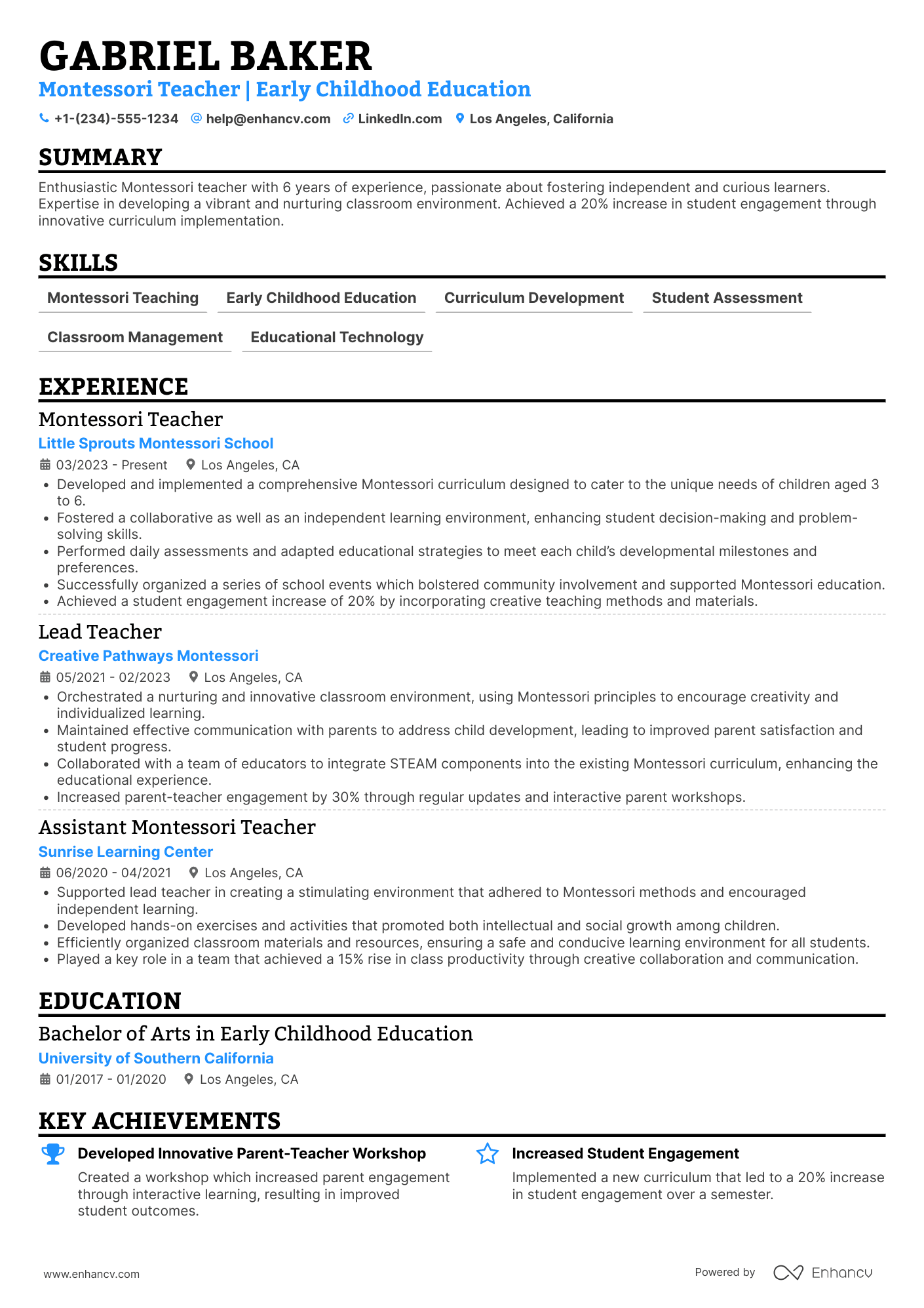 A resume example of a Early Childhood Montessori Teacher