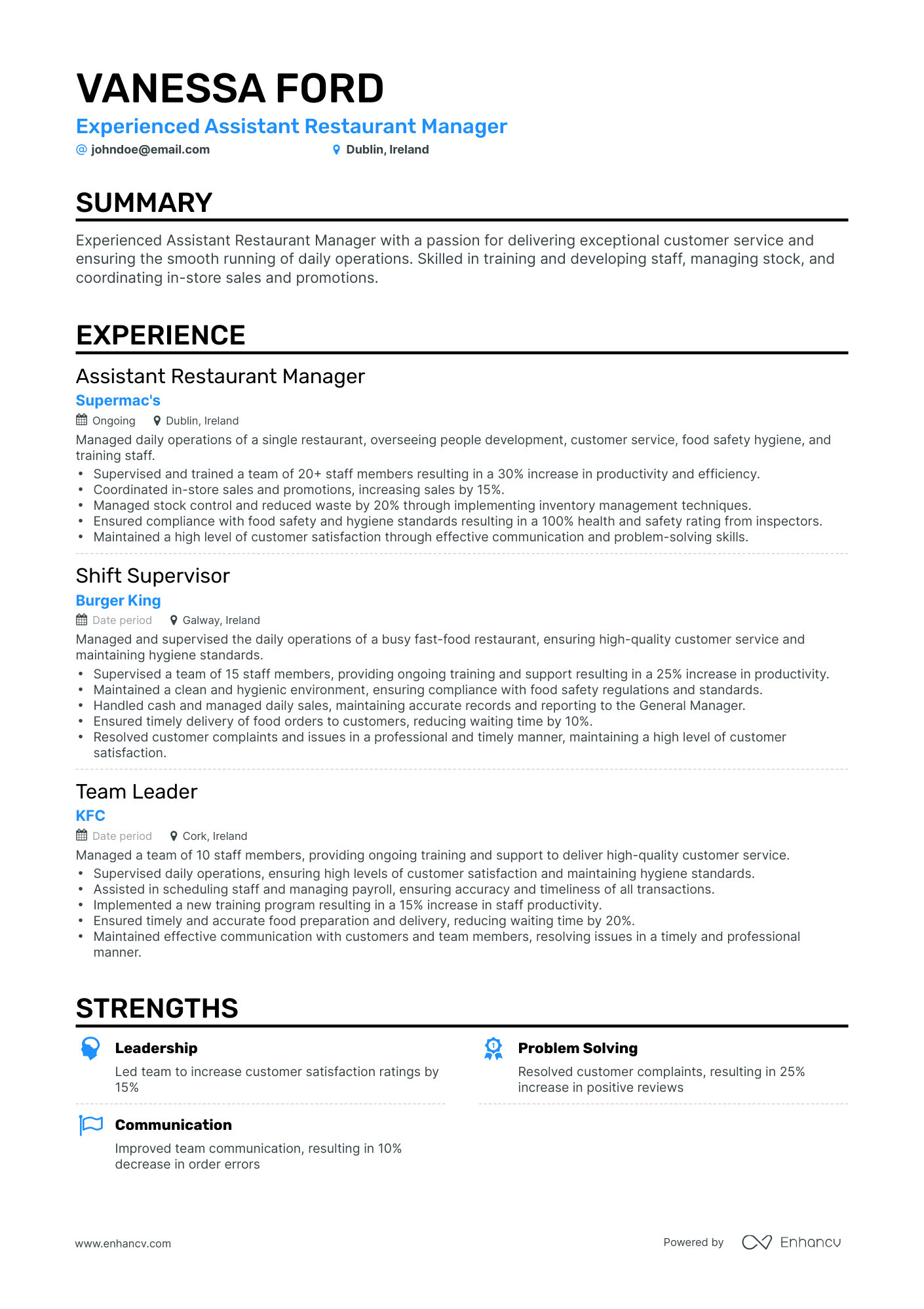 Classic Assistant Restaurant Manager Resume Template