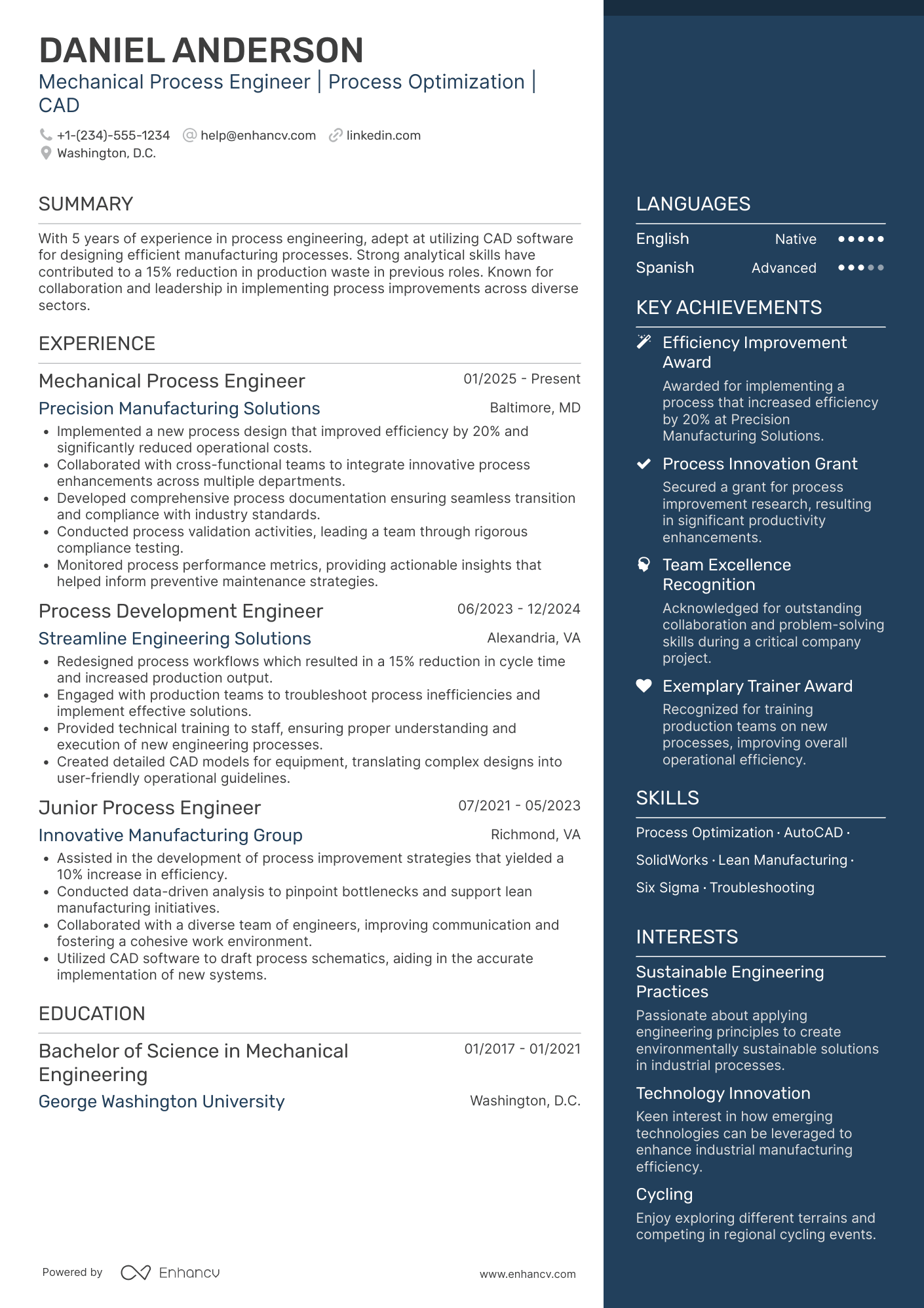 A resume example of a Mechanical Process Engineer