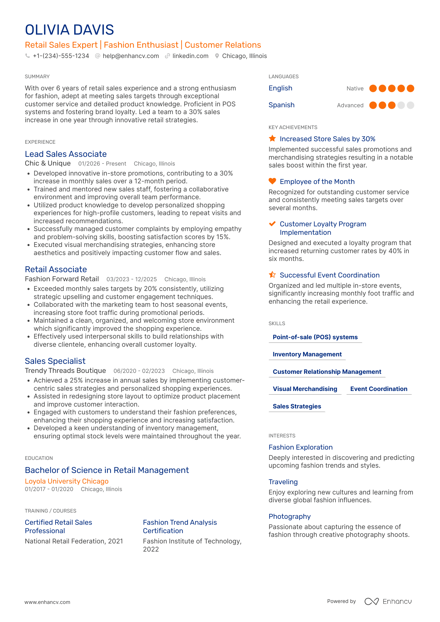 A resume example of a Retail Sales Professional