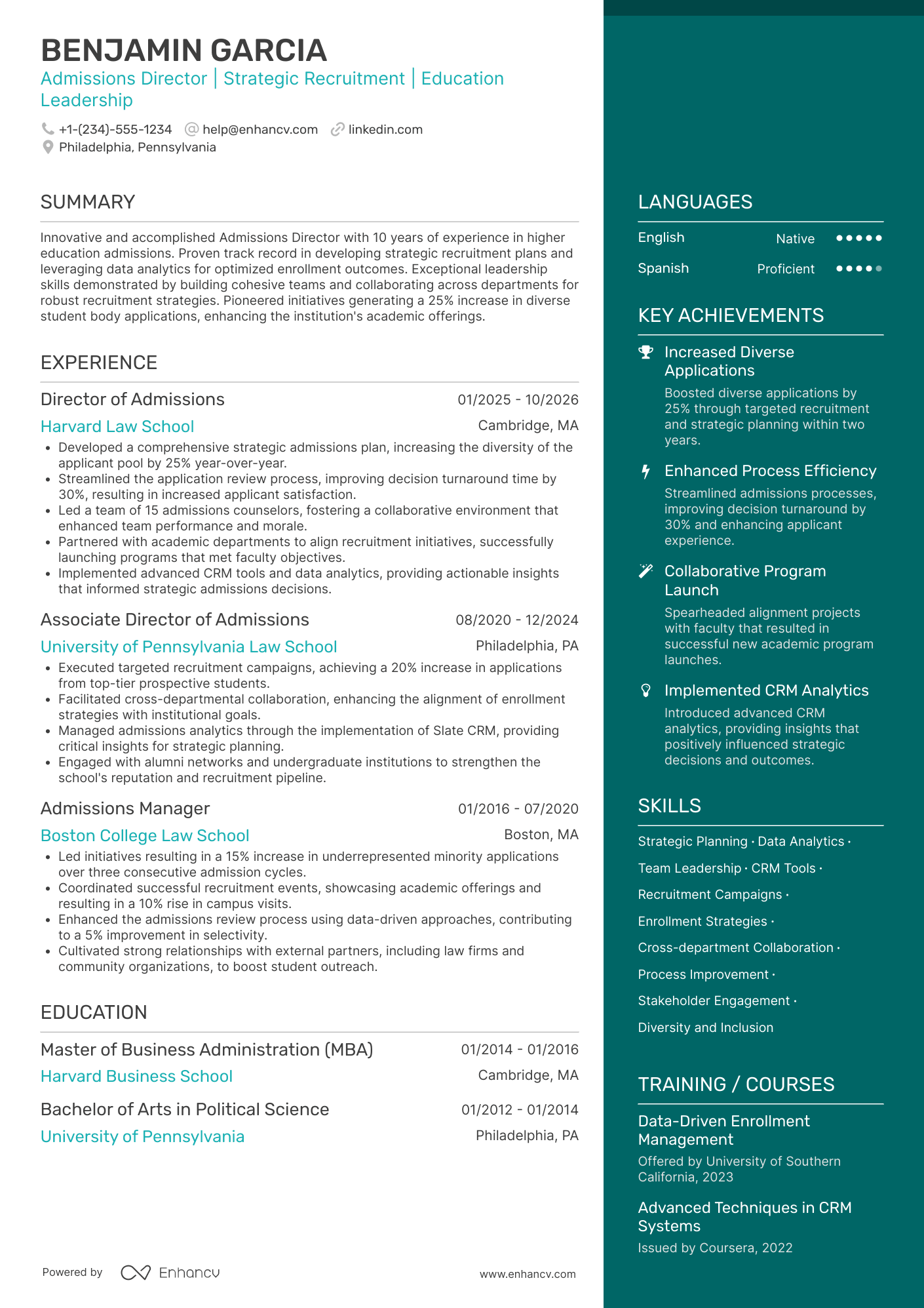 A resume example of a Law School Admissions Director