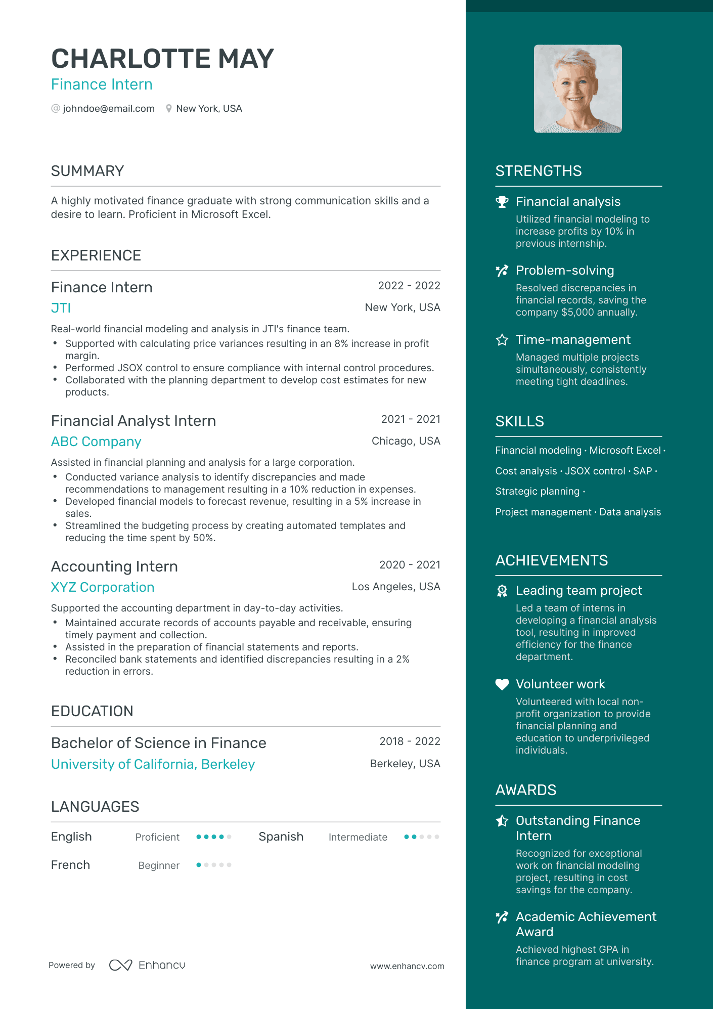 One Page Finance Intern Resume Template