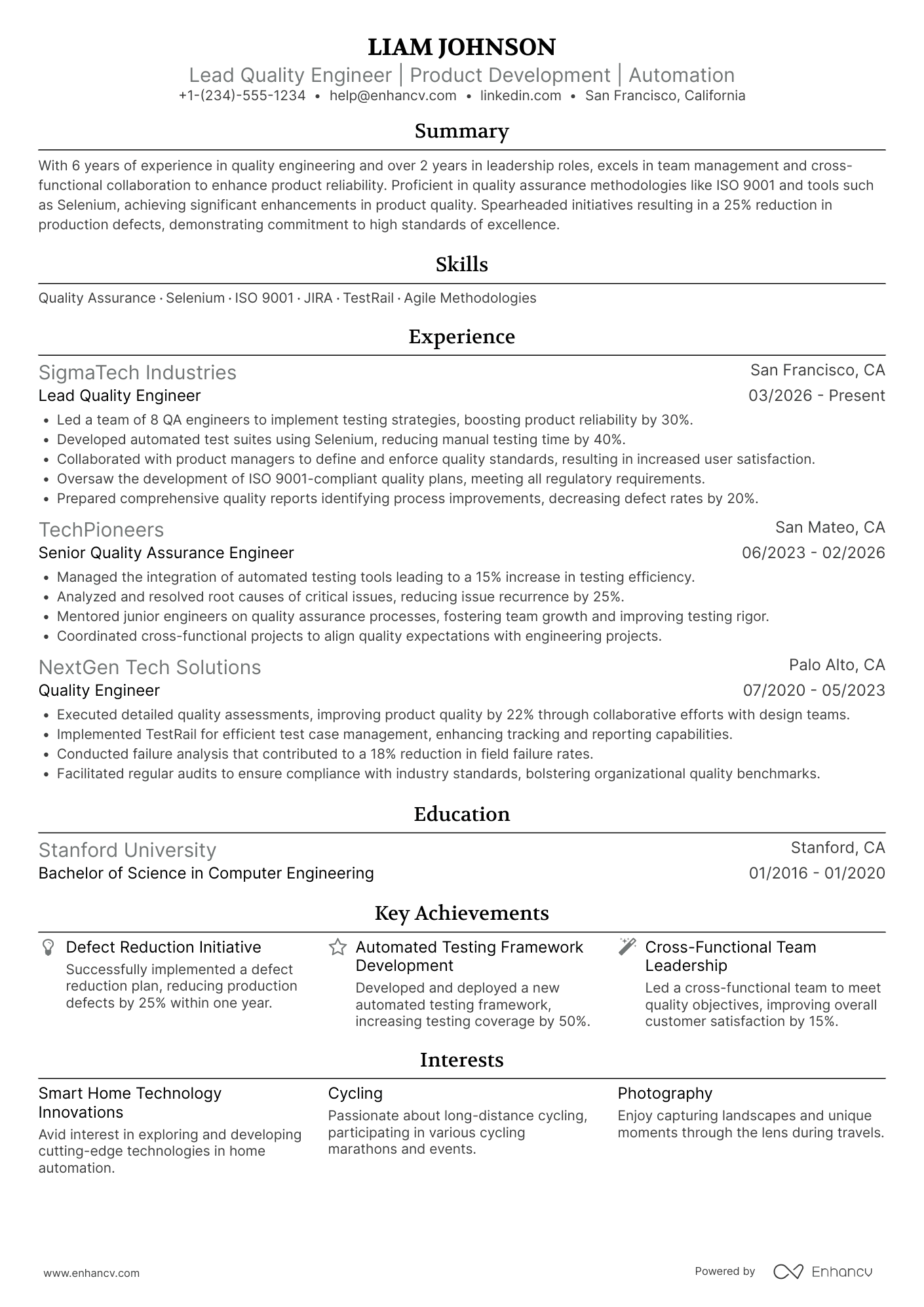 A resume example of a Lead Quality Engineer