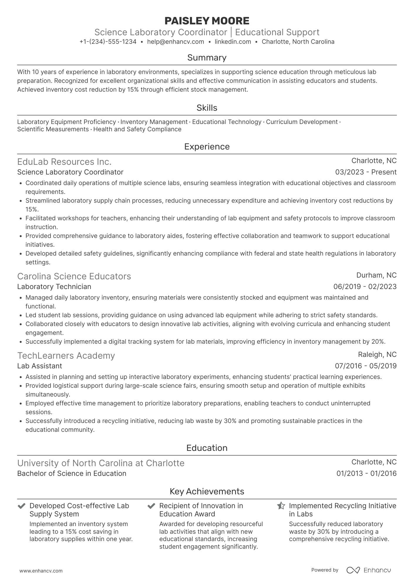 A resume example of a Science Laboratory Teacher Assistant