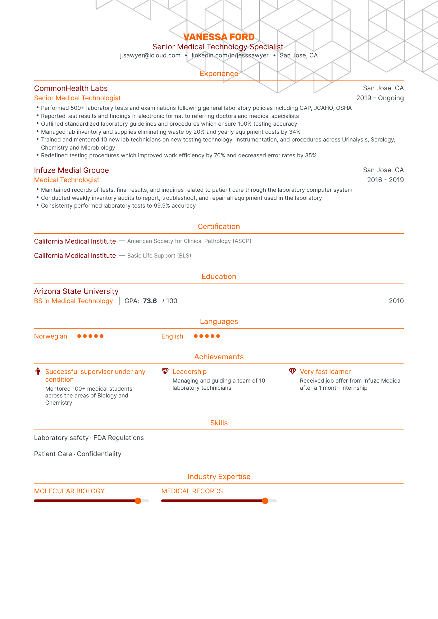 Traditional Medical Technologist Resume Template