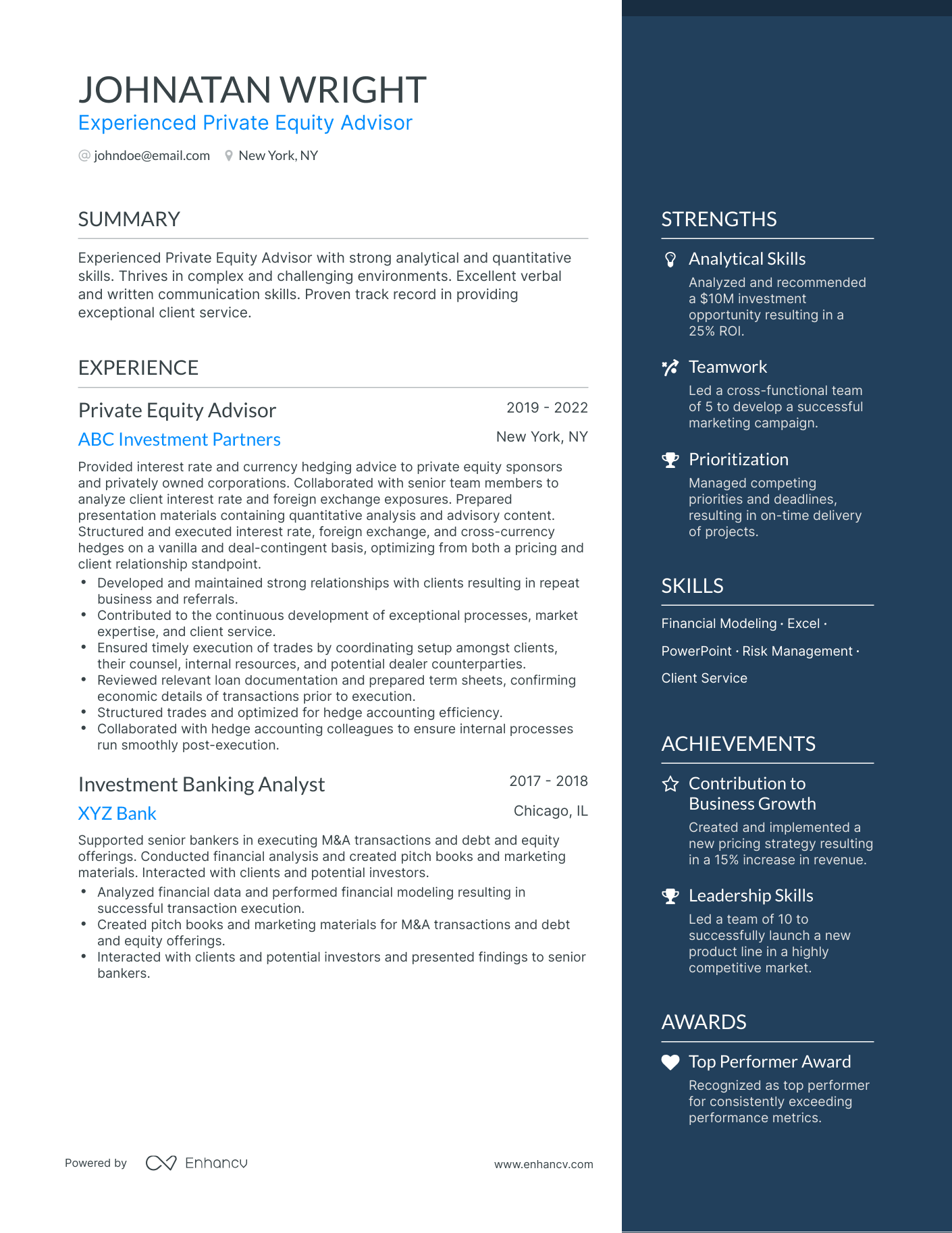 One Page Private Equity Resume Template