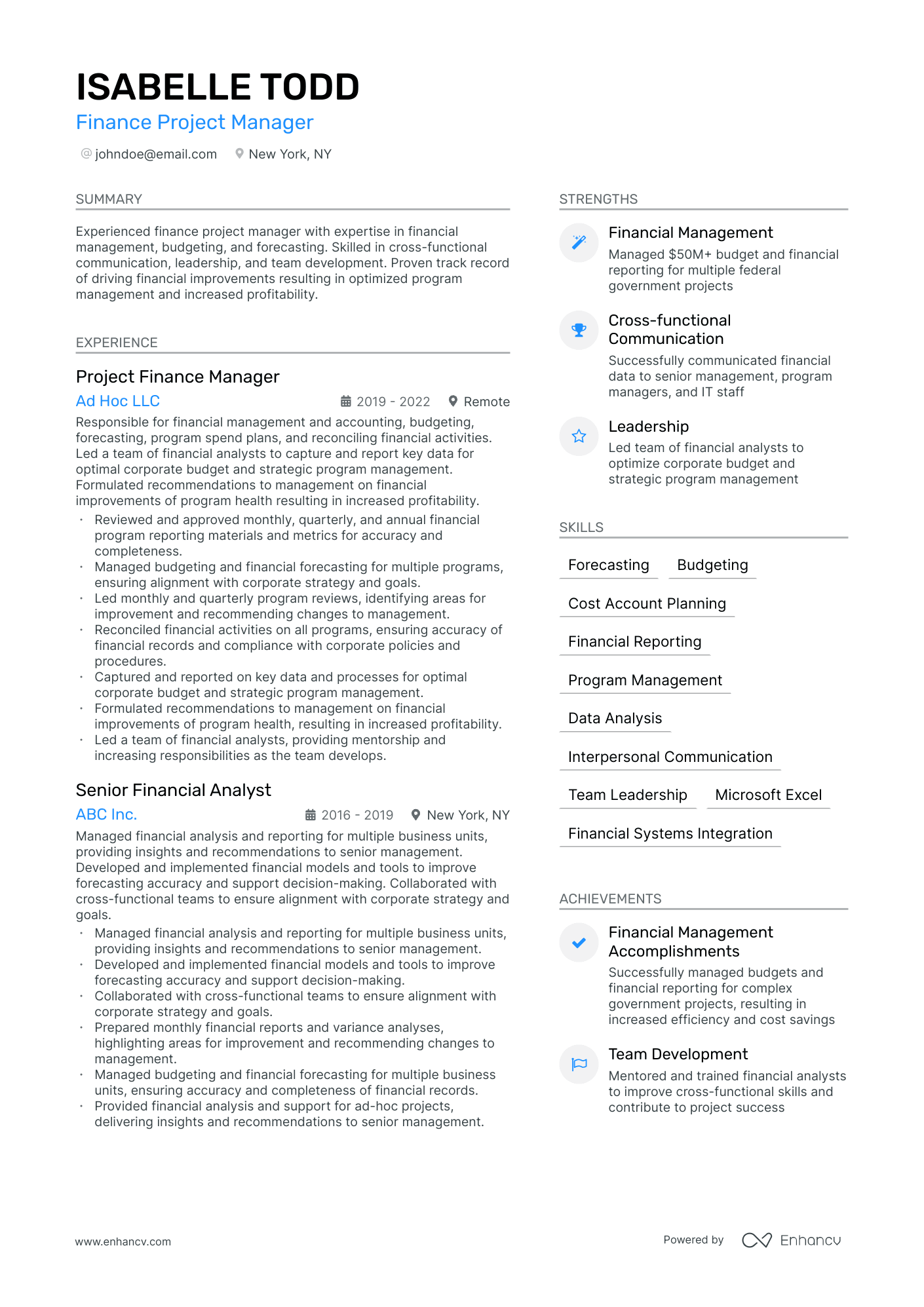 A resume example of a Finance Project Manager