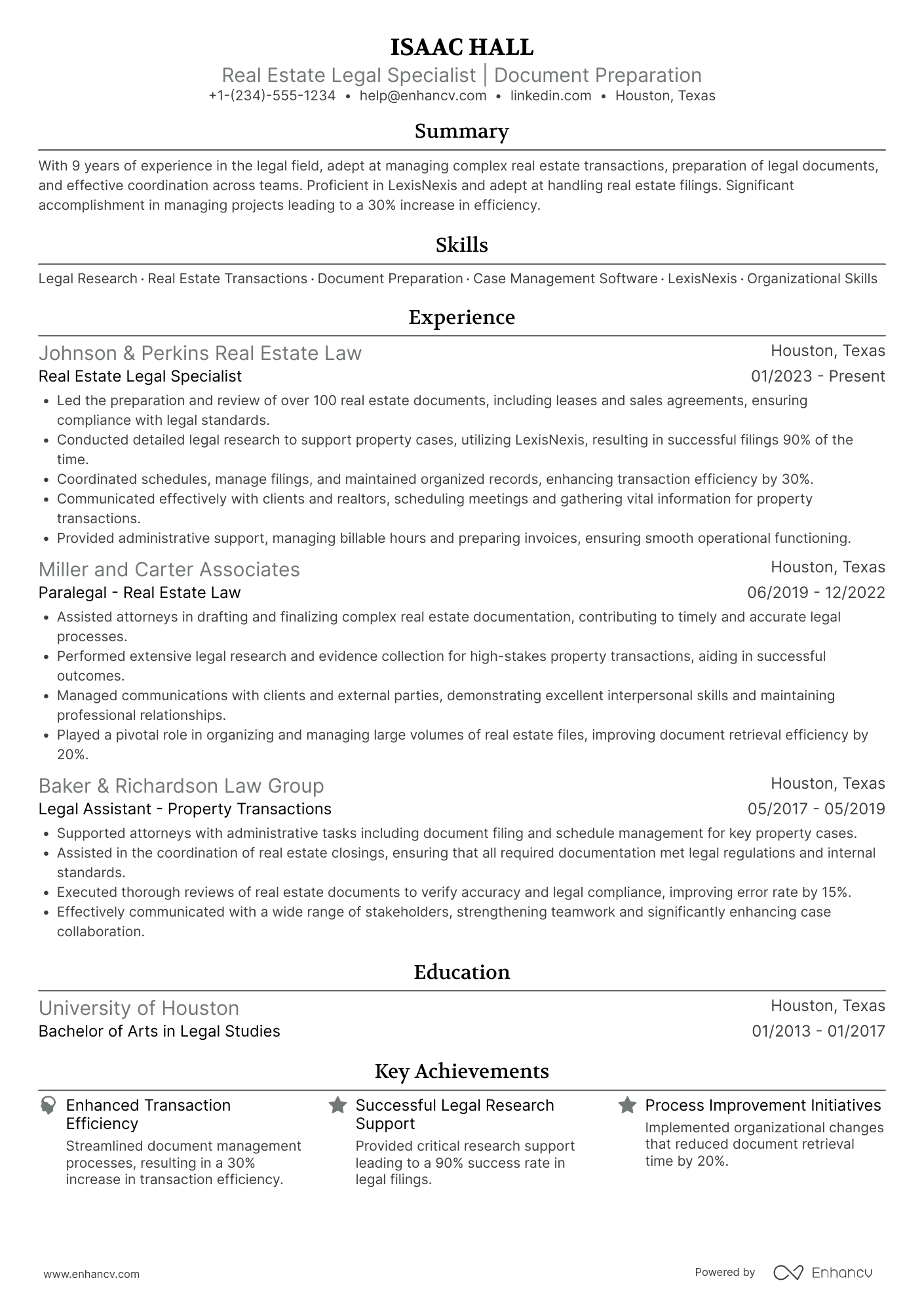 A resume example of a Real Estate Legal Assistant