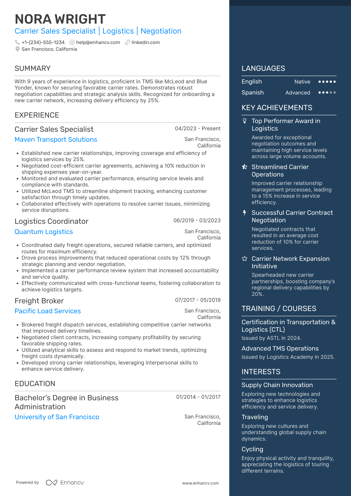 A resume example of a Strong Carrier Sales