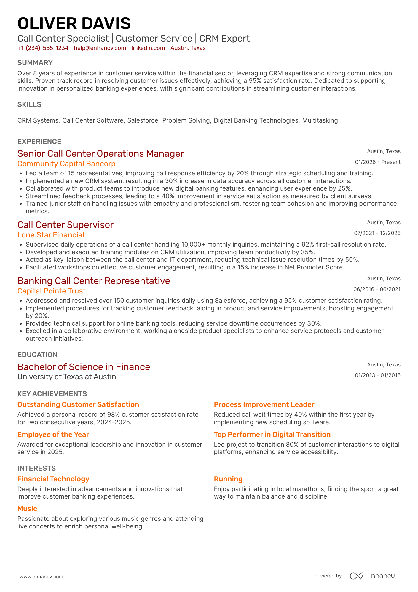 A resume example of a Banking Call Center Representative