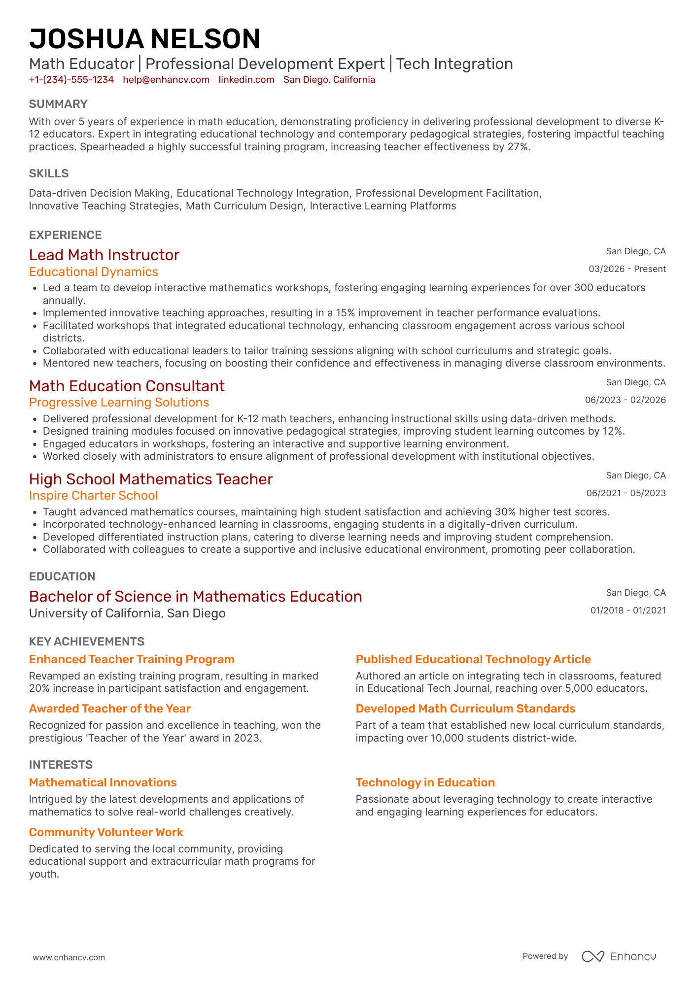 A resume example of a Math Teacher Trainer
