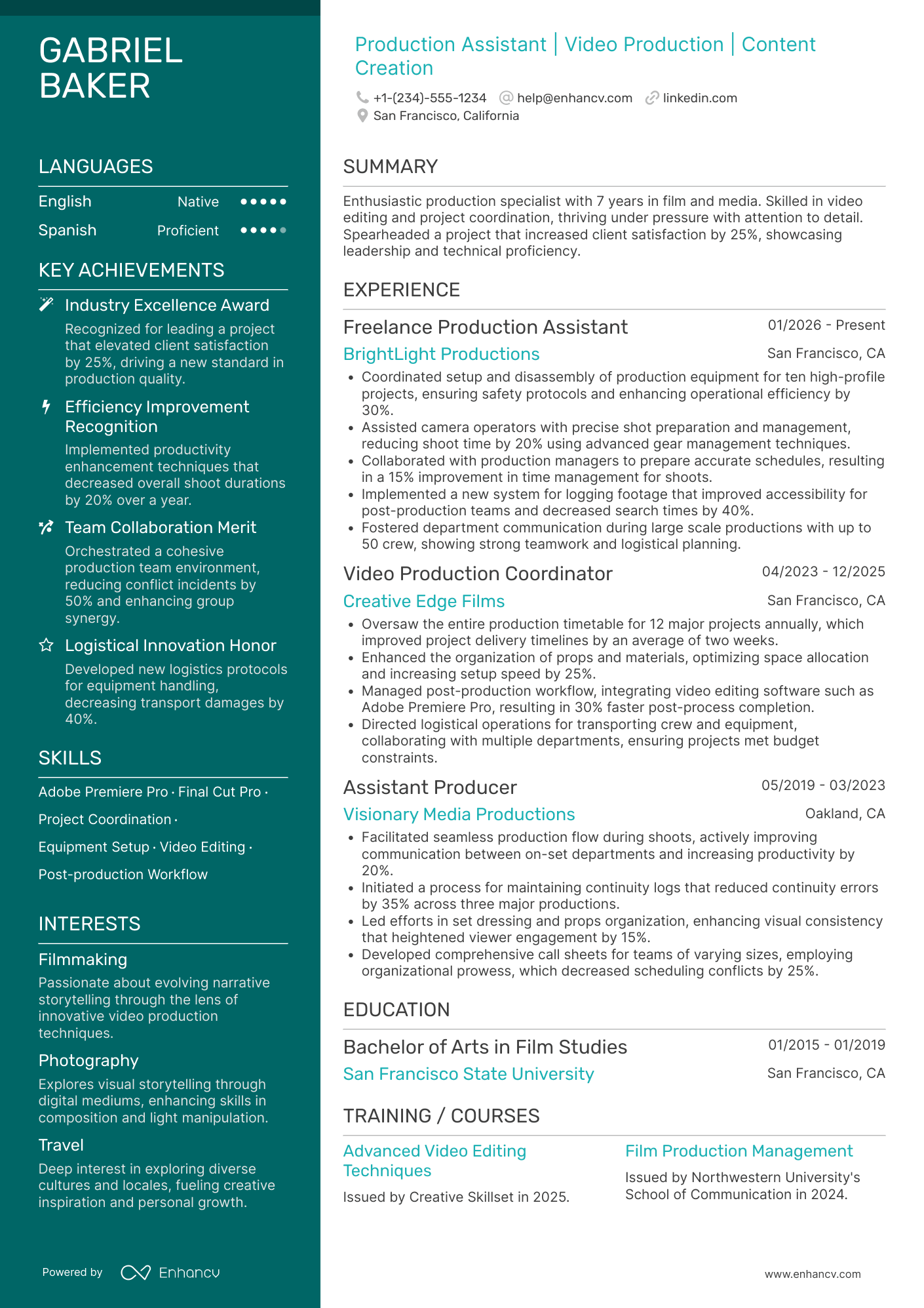 A resume example of a Freelance Production Assistant