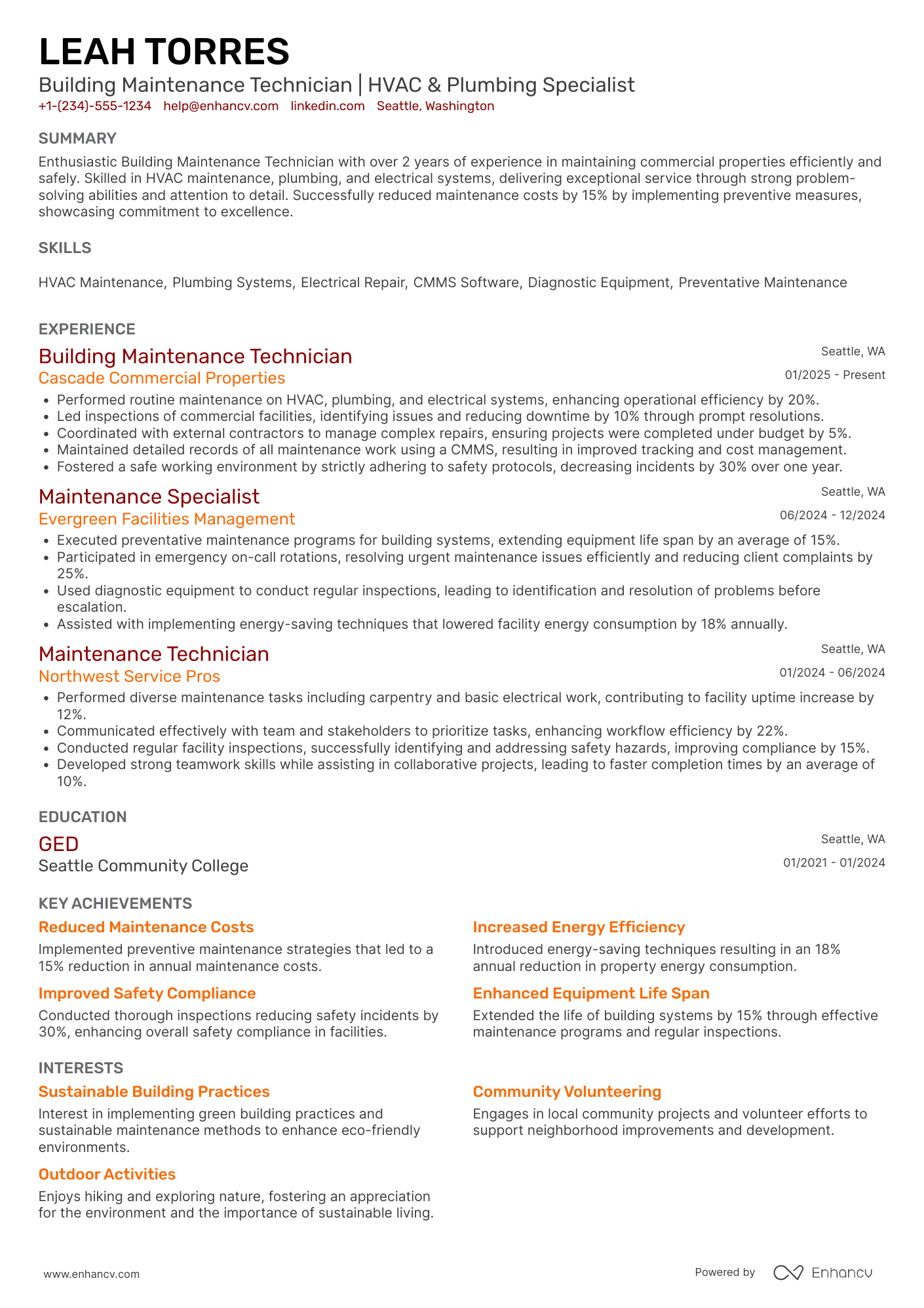 A resume example of a Building Maintenance Technician